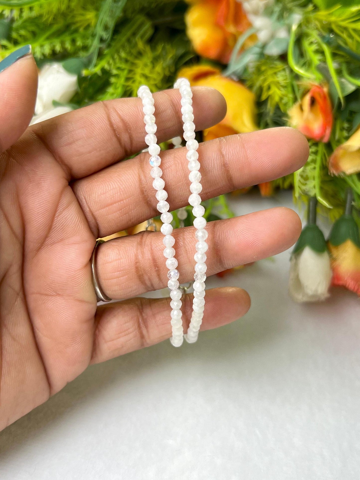 2 MM Delicate Rainbow Moonstone Cutting Stone Minimalist Bracelet Dainty Bracelet Fit for 6 Inch to 7.5 Inch Wrist