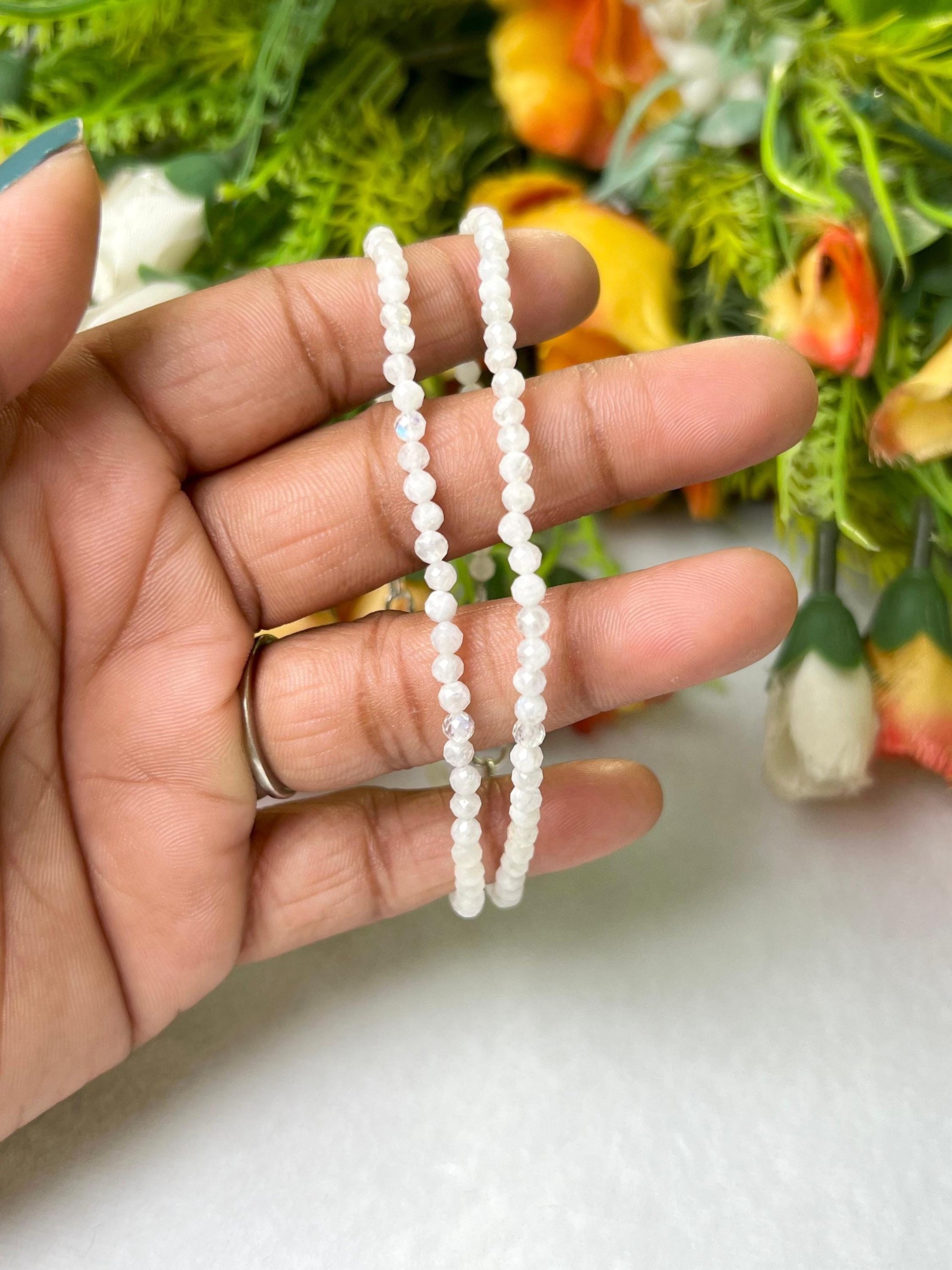 2 MM Delicate Rainbow Moonstone Cutting Stone Minimalist Bracelet Dainty Bracelet Fit for 6 Inch to 7.5 Inch Wrist