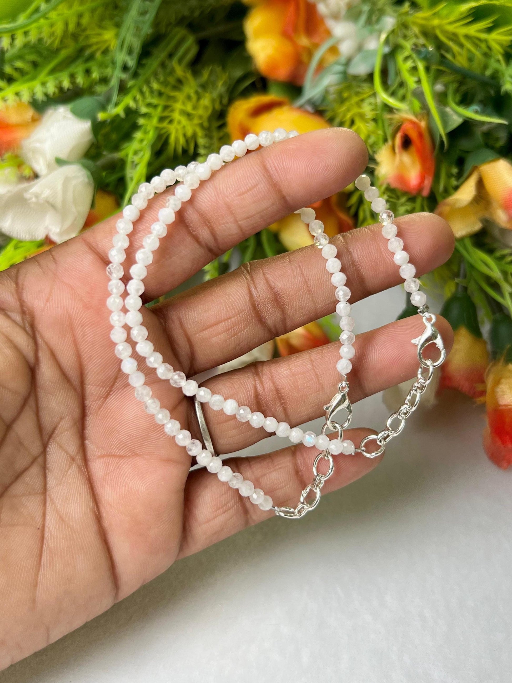 2 MM Delicate Rainbow Moonstone Cutting Stone Minimalist Bracelet Dainty Bracelet Fit for 6 Inch to 7.5 Inch Wrist