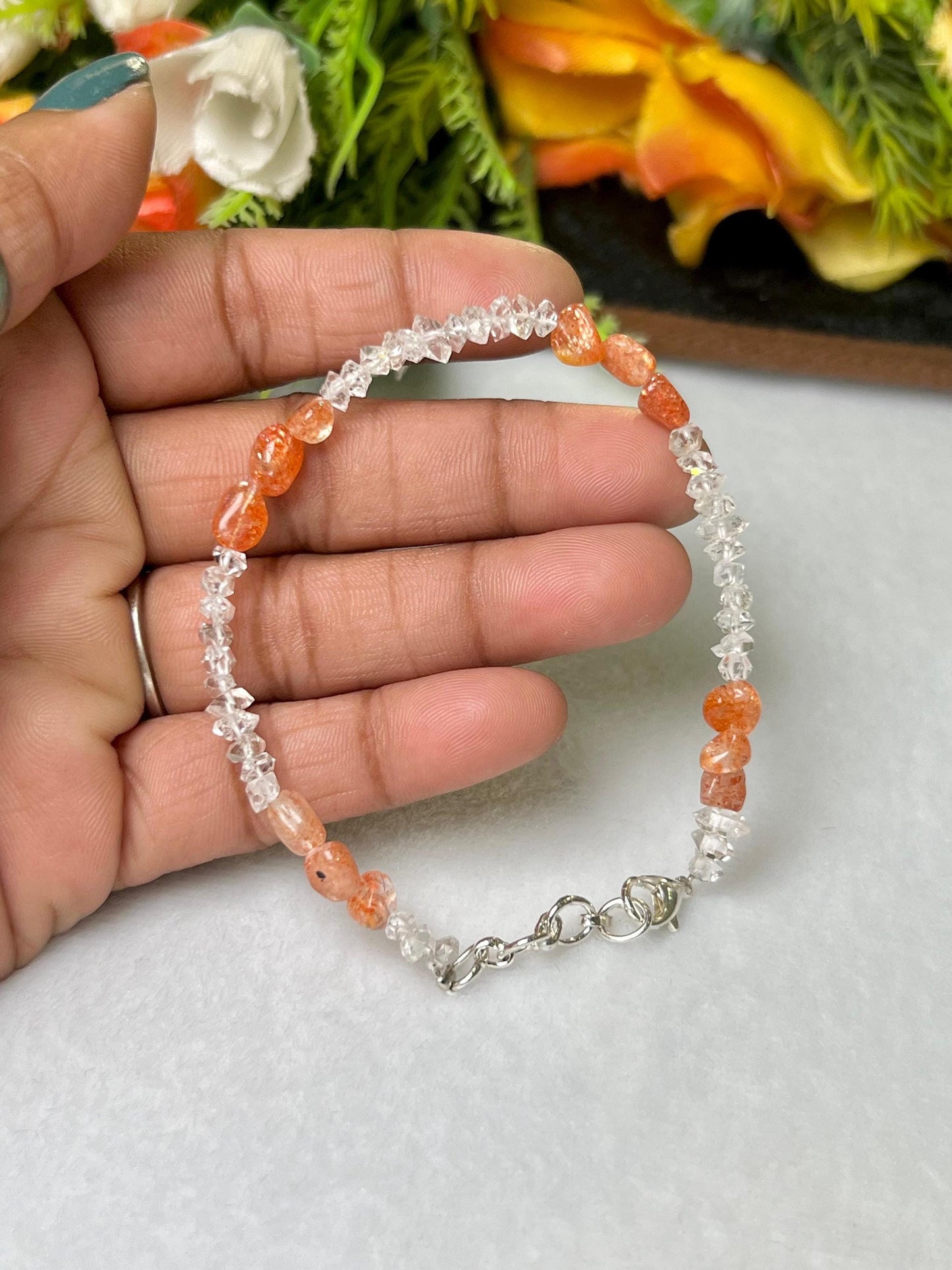 Herkimer Diamond and Sunstone Stone Bracelet l Adjustable Bracelet l Unisex Bracelet