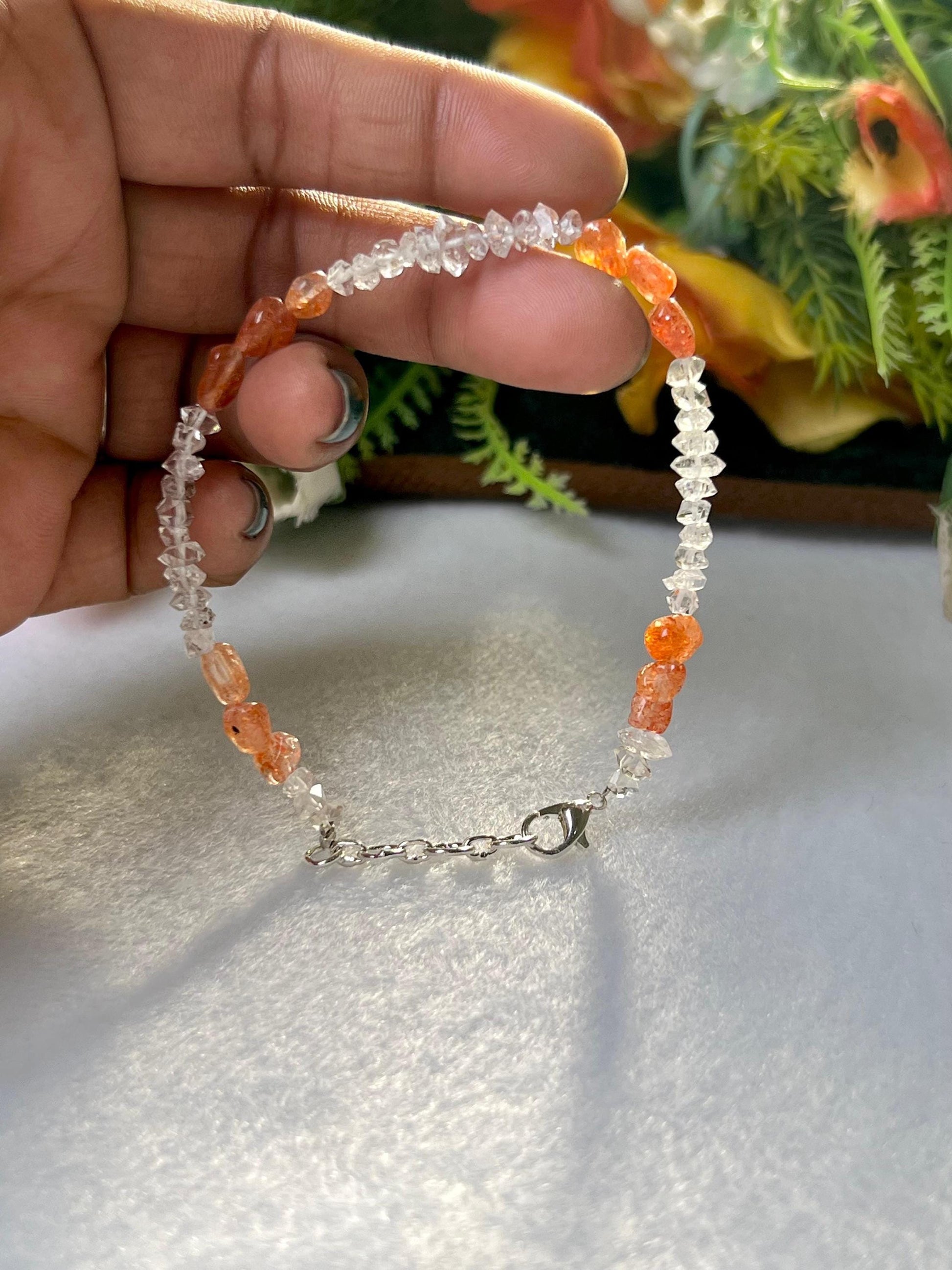 Herkimer Diamond and Sunstone Stone Bracelet l Adjustable Bracelet l Unisex Bracelet