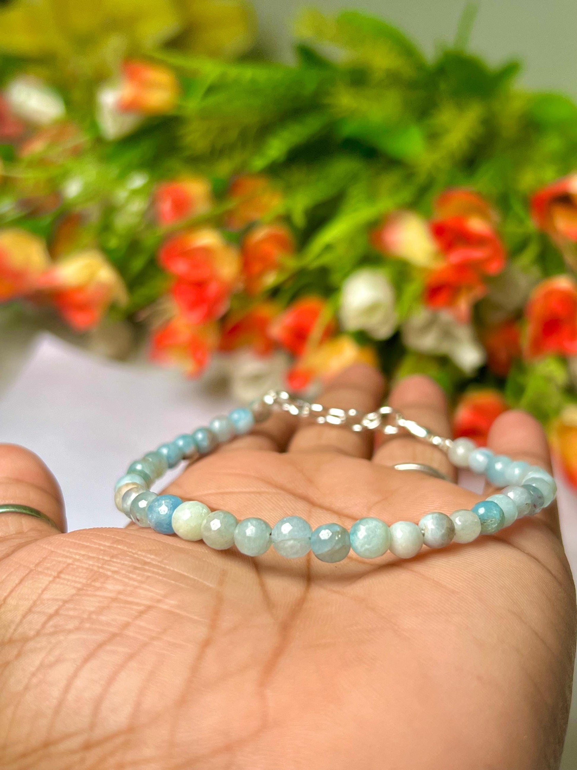 4 MM Aquamarine Stone Bracelet l Stretchable Bracelet l Unisex Bracelet