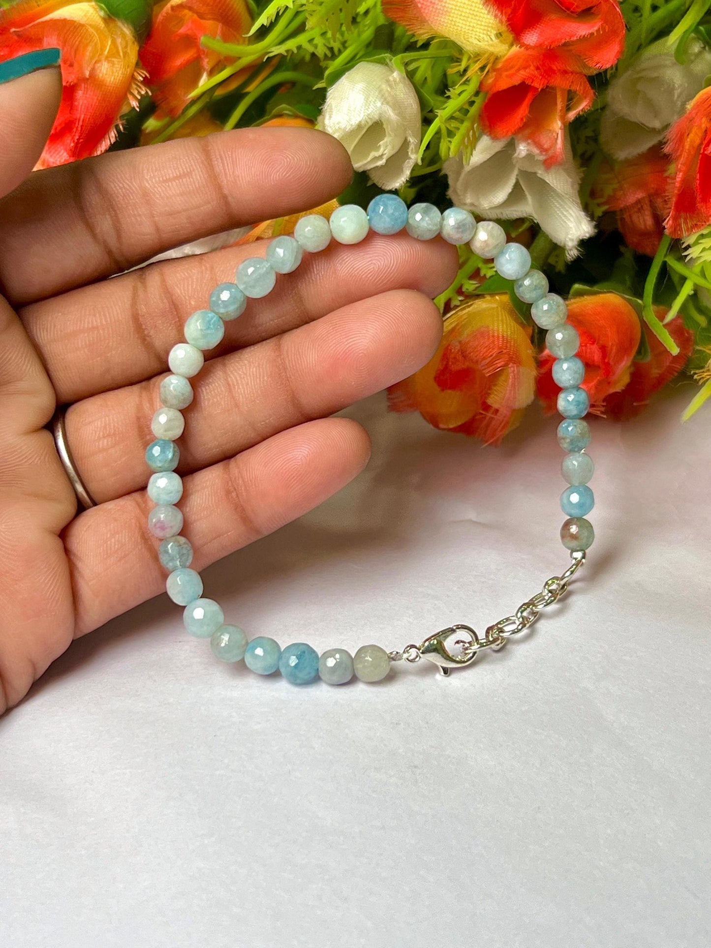 4 MM Aquamarine Stone Bracelet l Stretchable Bracelet l Unisex Bracelet