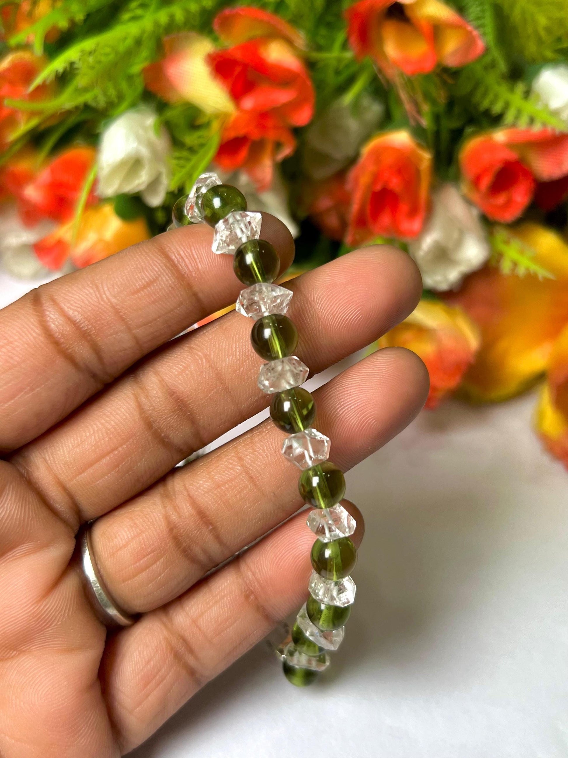 6 MM Herkimer Diamond and 6 MM Moldavite Stone Bracelet l Adjustable Bracelet l Unisex Bracelet
