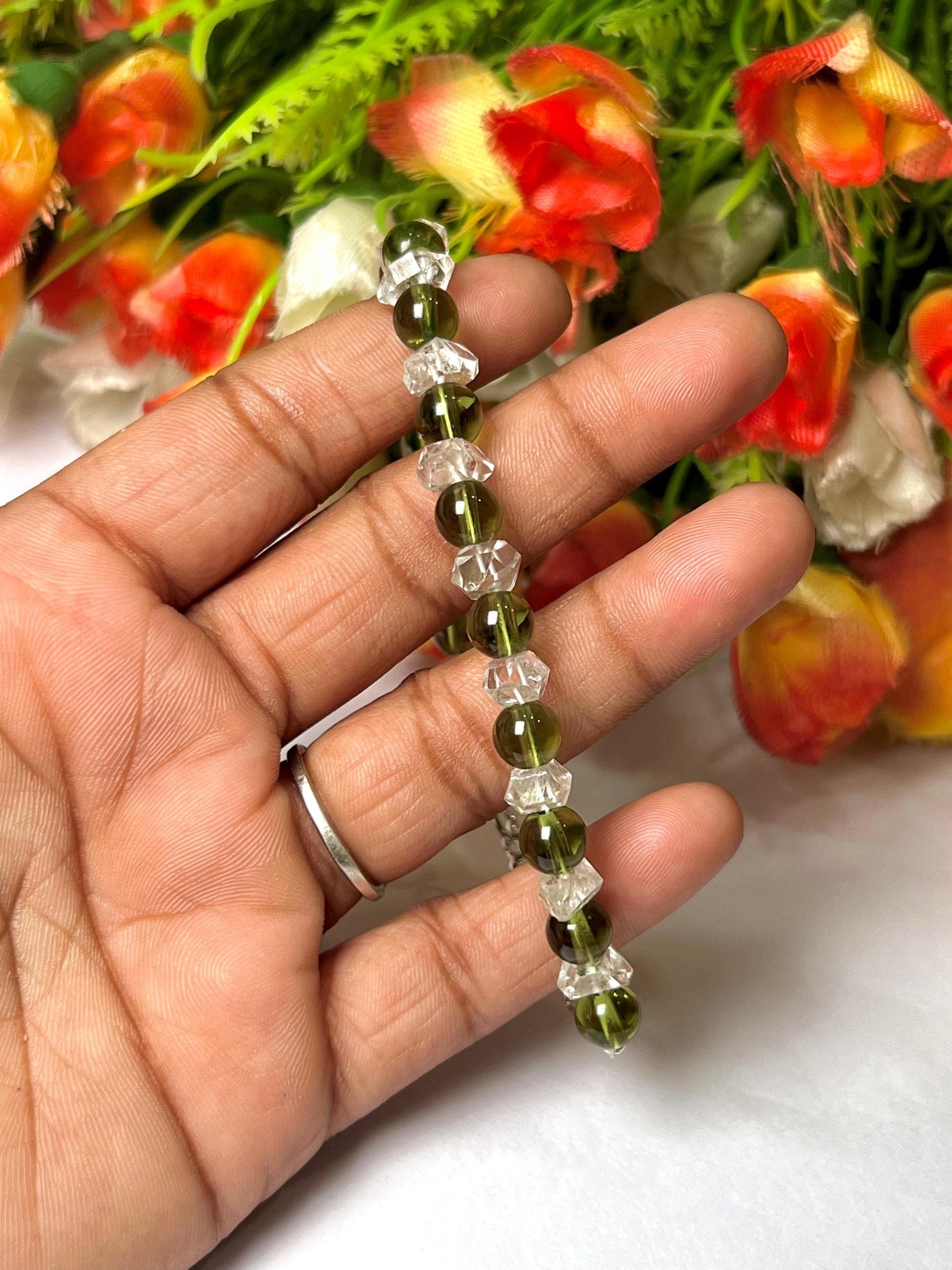 6 MM Herkimer Diamond and 6 MM Moldavite Stone Bracelet l Adjustable Bracelet l Unisex Bracelet