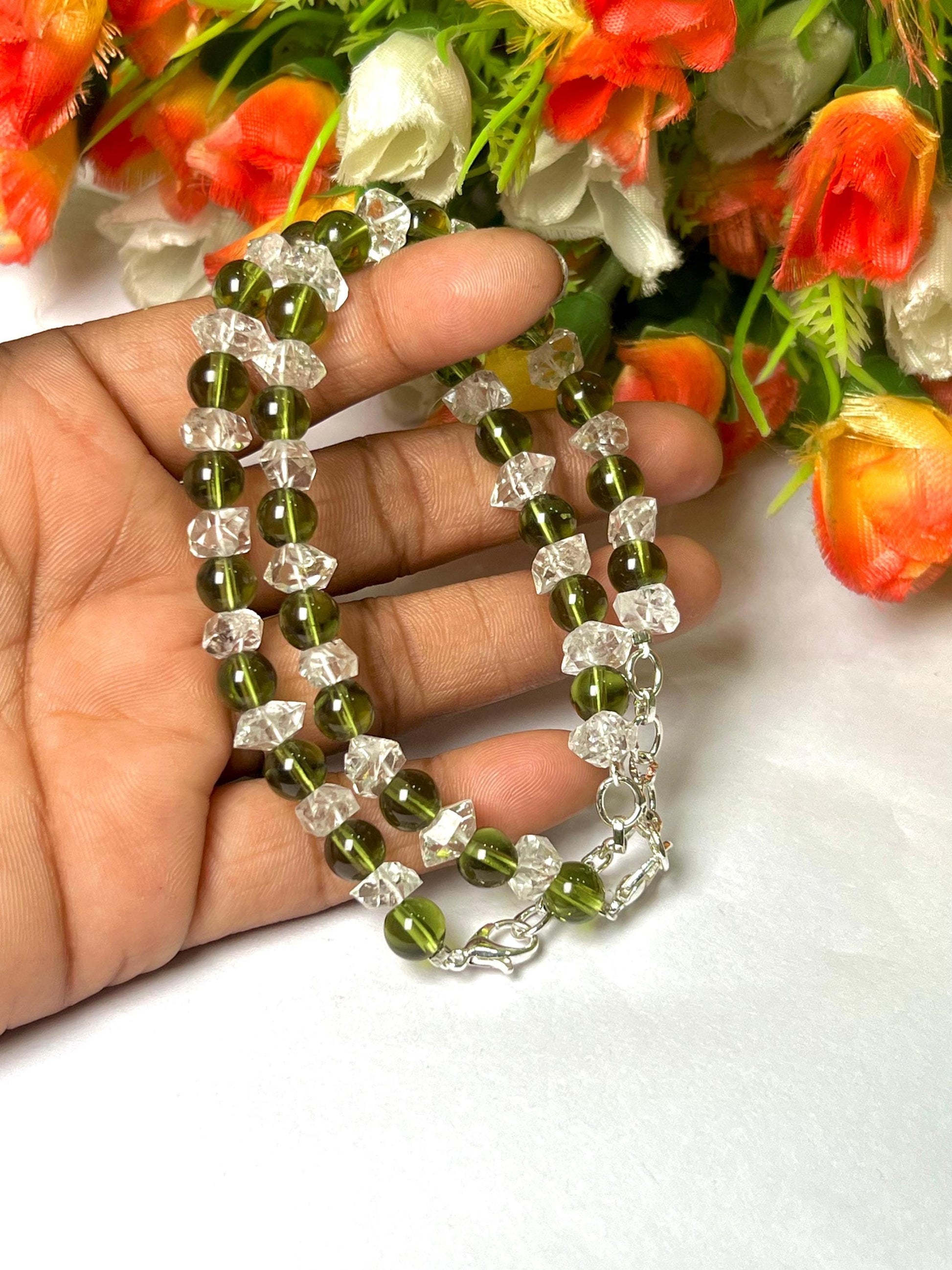 6 MM Herkimer Diamond and 6 MM Moldavite Stone Bracelet l Adjustable Bracelet l Unisex Bracelet
