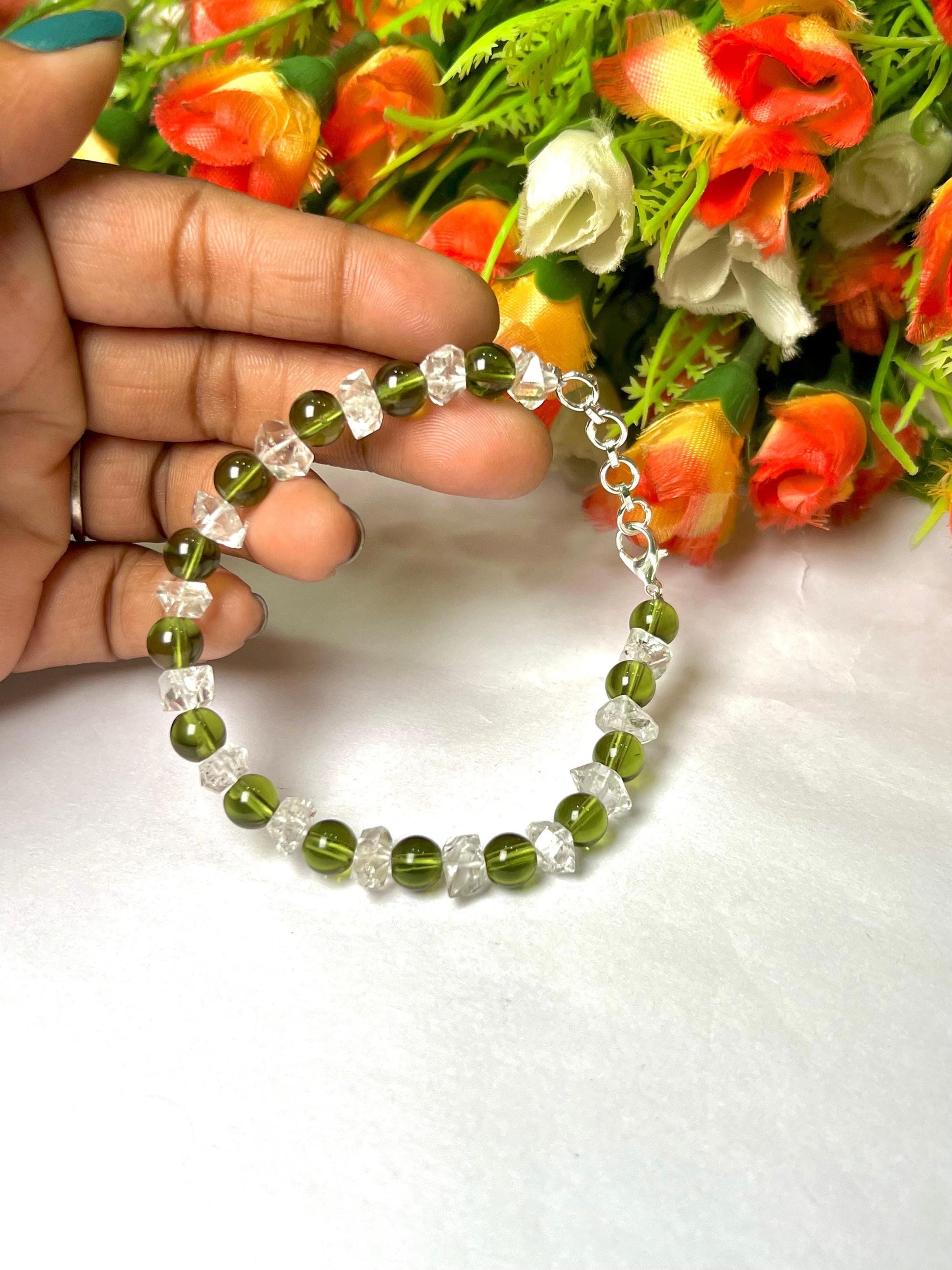 6 MM Herkimer Diamond and 6 MM Moldavite Stone Bracelet l Adjustable Bracelet l Unisex Bracelet