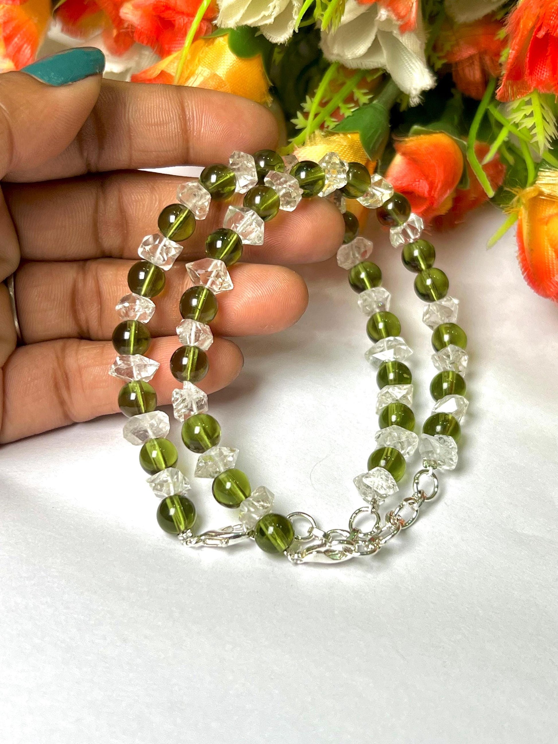 6 MM Herkimer Diamond and 6 MM Moldavite Stone Bracelet l Adjustable Bracelet l Unisex Bracelet