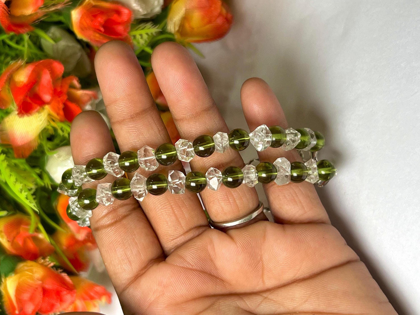 6 MM Herkimer Diamond and 6 MM Moldavite Stone Bracelet l Adjustable Bracelet l Unisex Bracelet