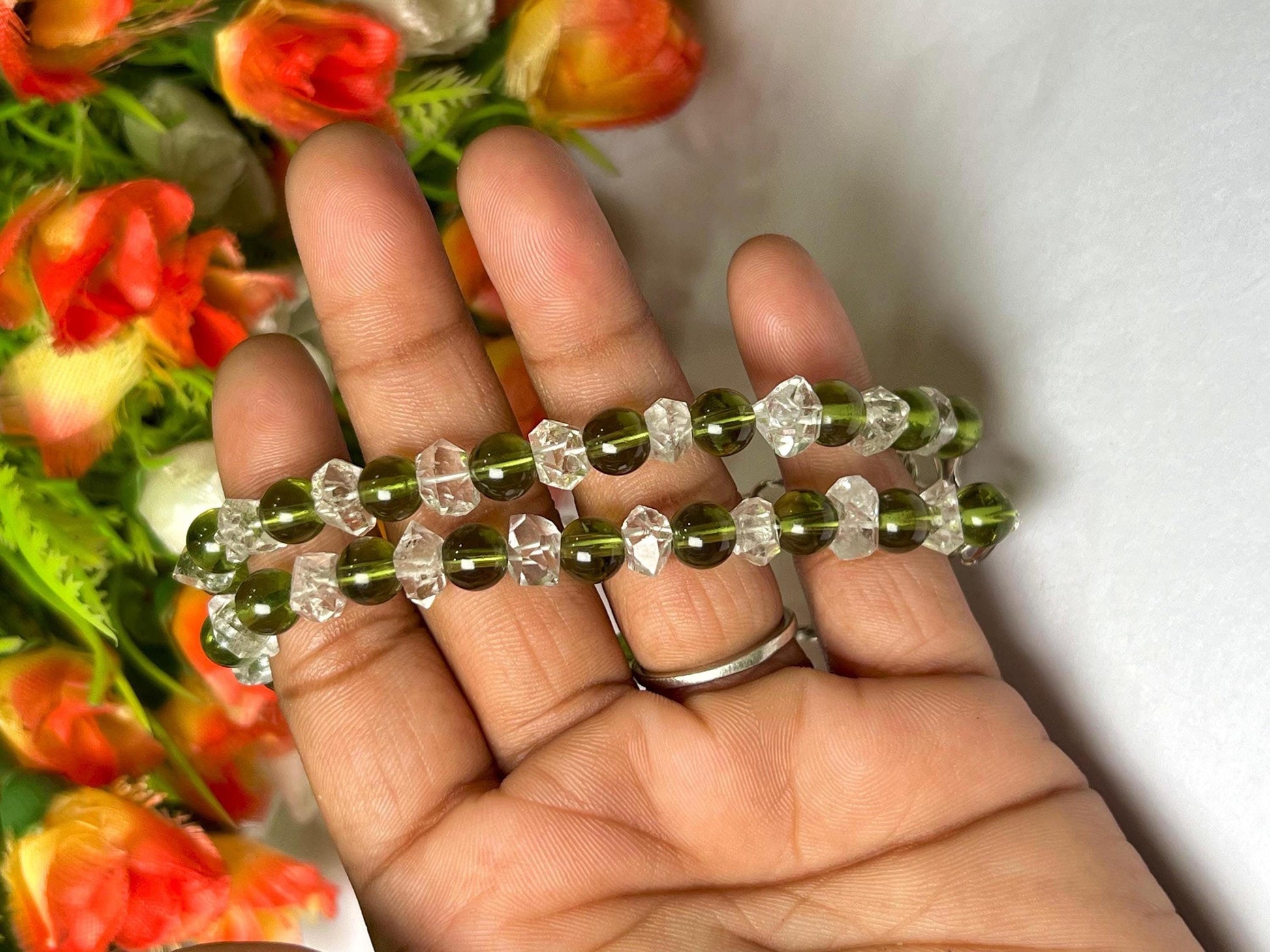 6 MM Herkimer Diamond and 6 MM Moldavite Stone Bracelet l Adjustable Bracelet l Unisex Bracelet