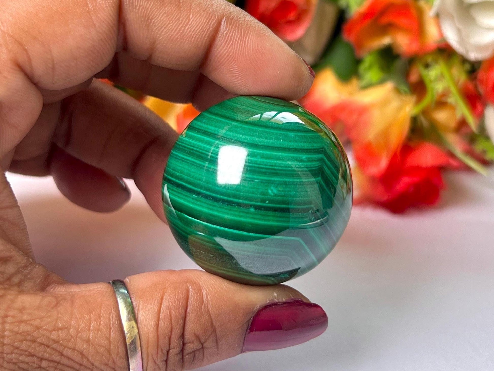 Malachite Stone Sphere 88 Gram Crystal Ball Orb Pocket Stone Meditation Space Crystal Grid With wooden Stand