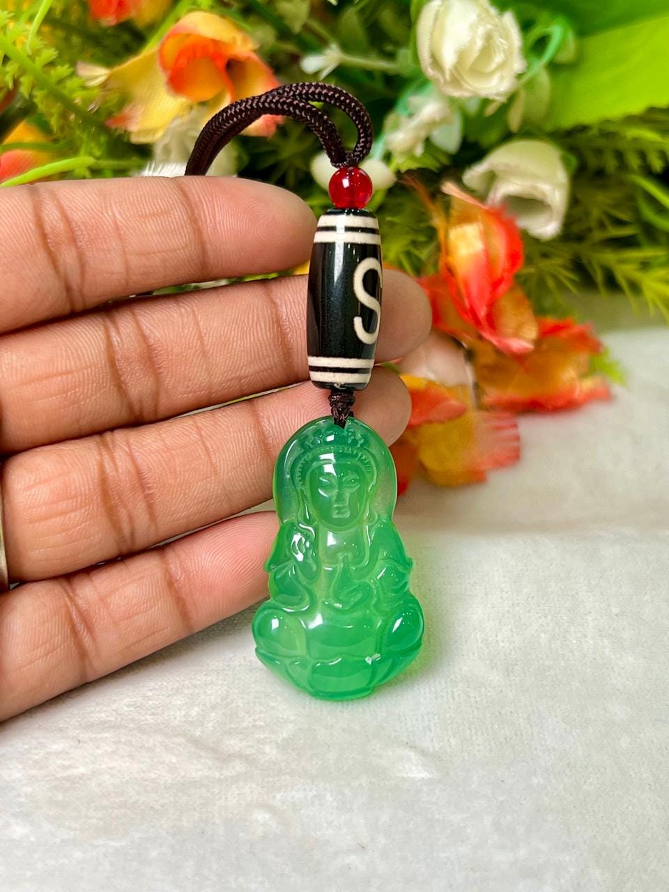 Money Magnet Stone Pendant Green Jade Kwan Yin With Tibetan Hook Dzi and Carnelian Stone Pendant Necklace