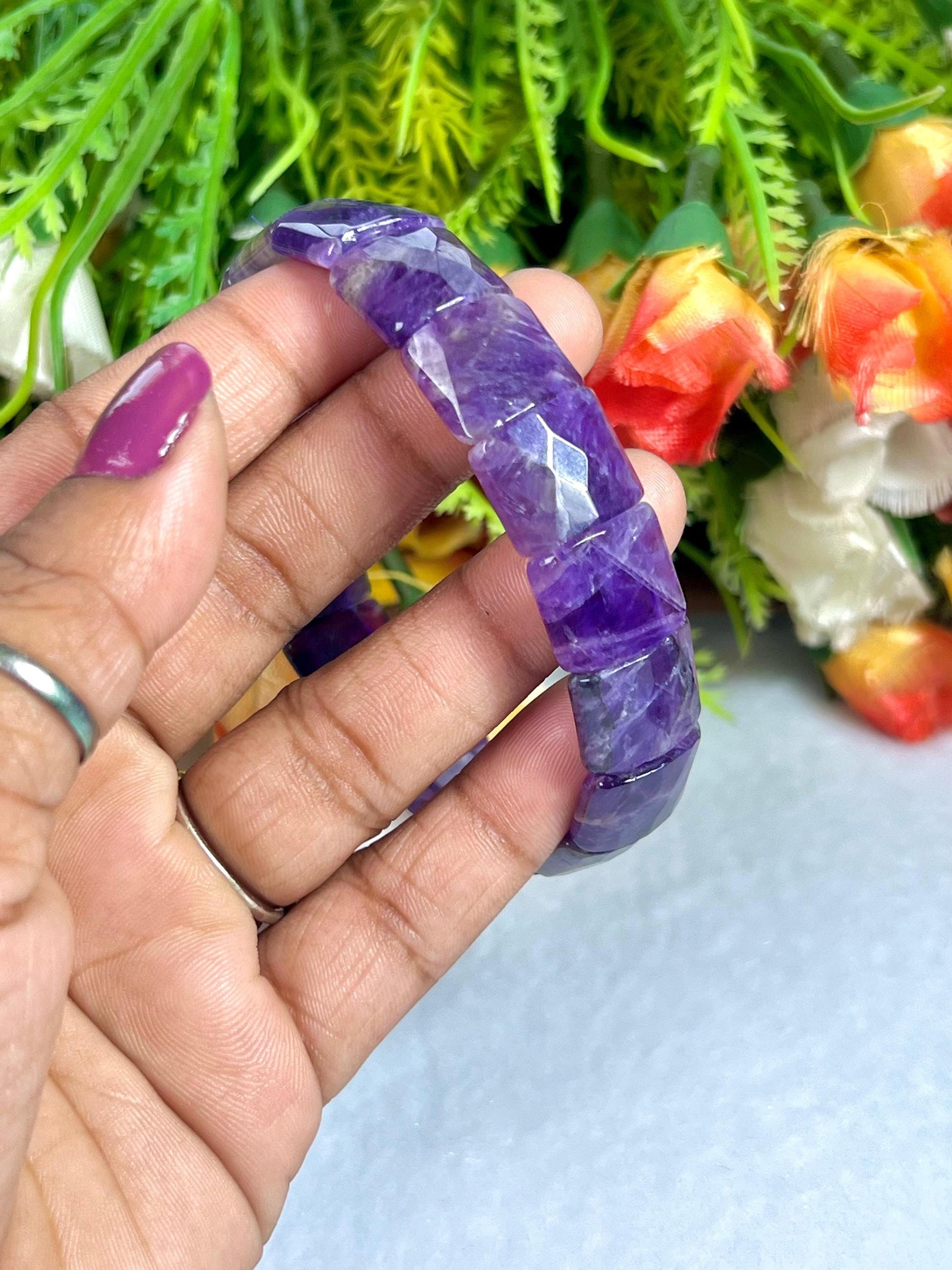 15 MM Amethyst Stone Bracelet l Stretchable Bracelet High Grade