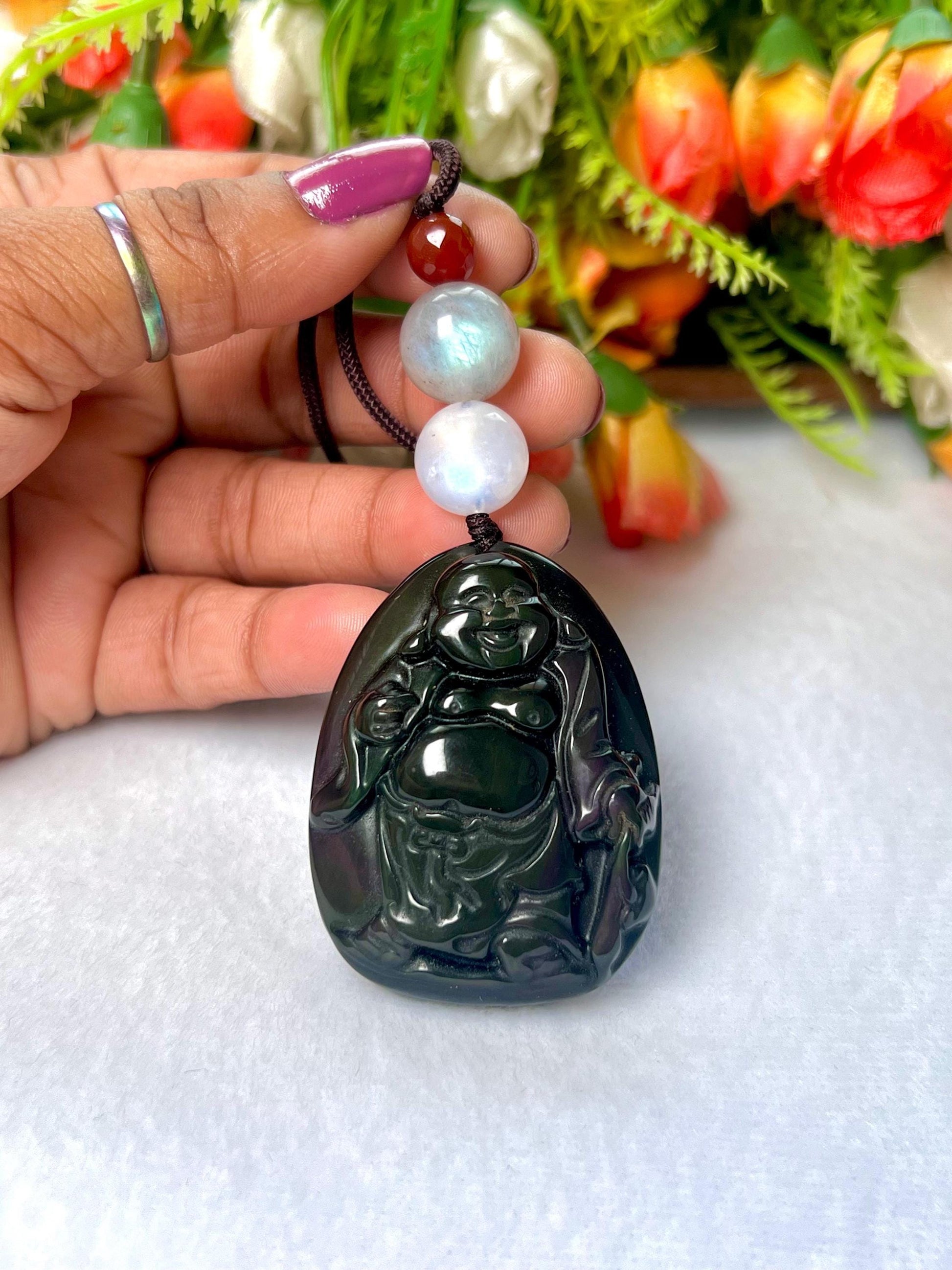 Happiness Stone Pendant Rainbow Obsidian Laughing Buddha With Labradorite , White Rainbow Moonstone and Carnelian Pendant Necklace