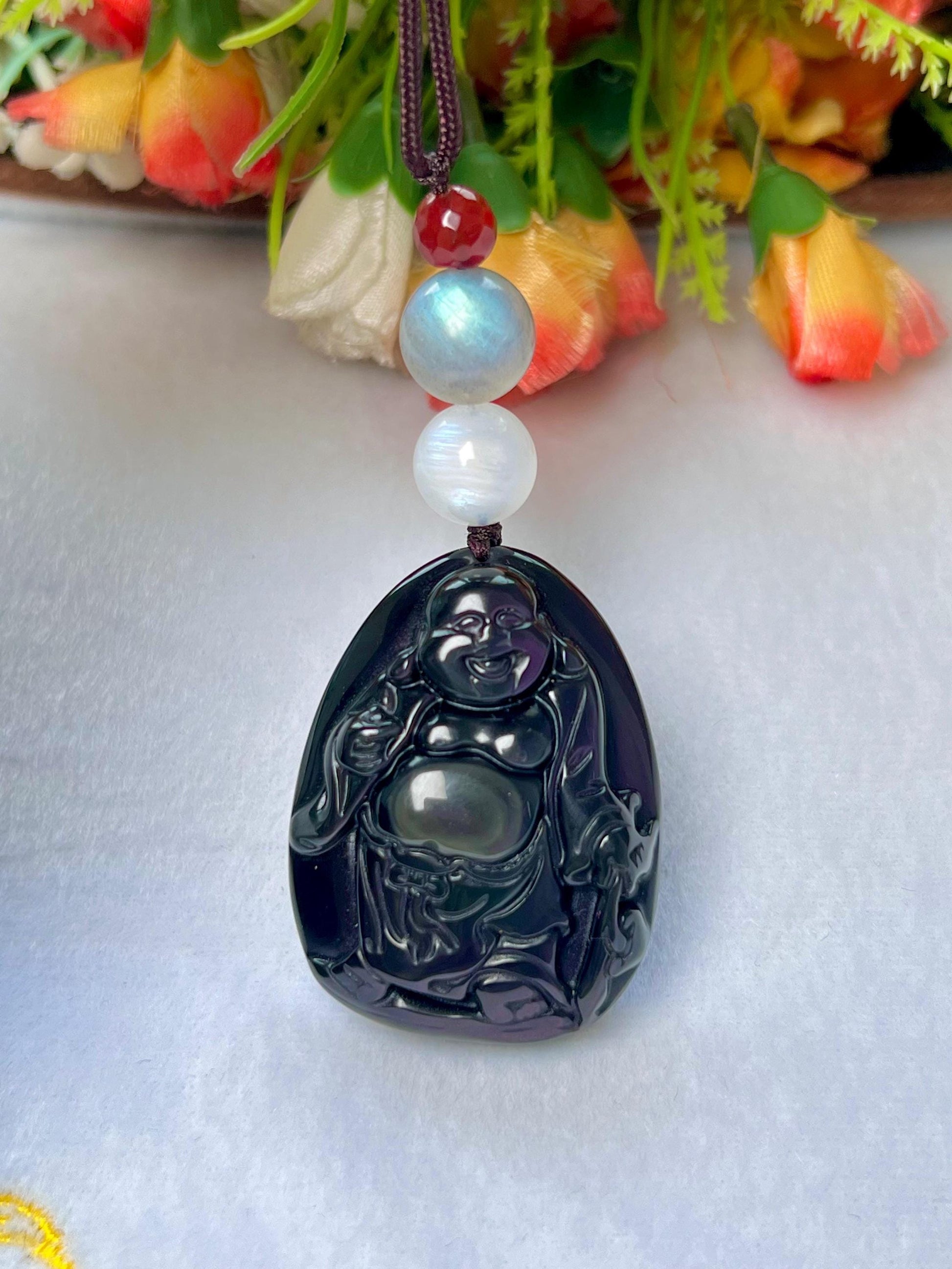 Happiness Stone Pendant Rainbow Obsidian Laughing Buddha With Labradorite , White Rainbow Moonstone and Carnelian Pendant Necklace