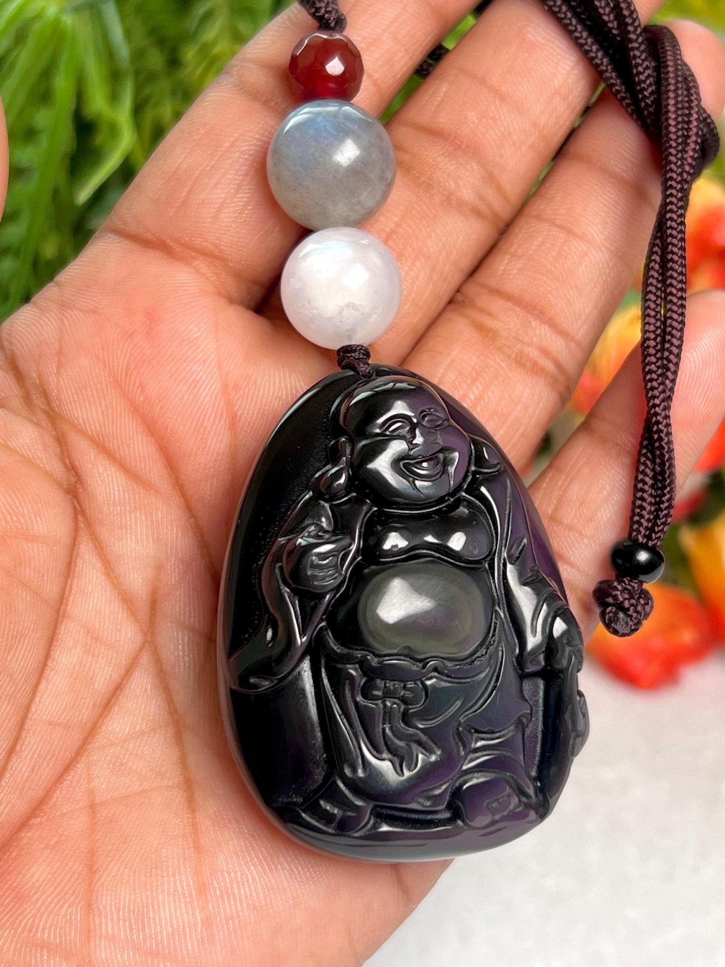 Happiness Stone Pendant Rainbow Obsidian Laughing Buddha With Labradorite , White Rainbow Moonstone and Carnelian Pendant Necklace