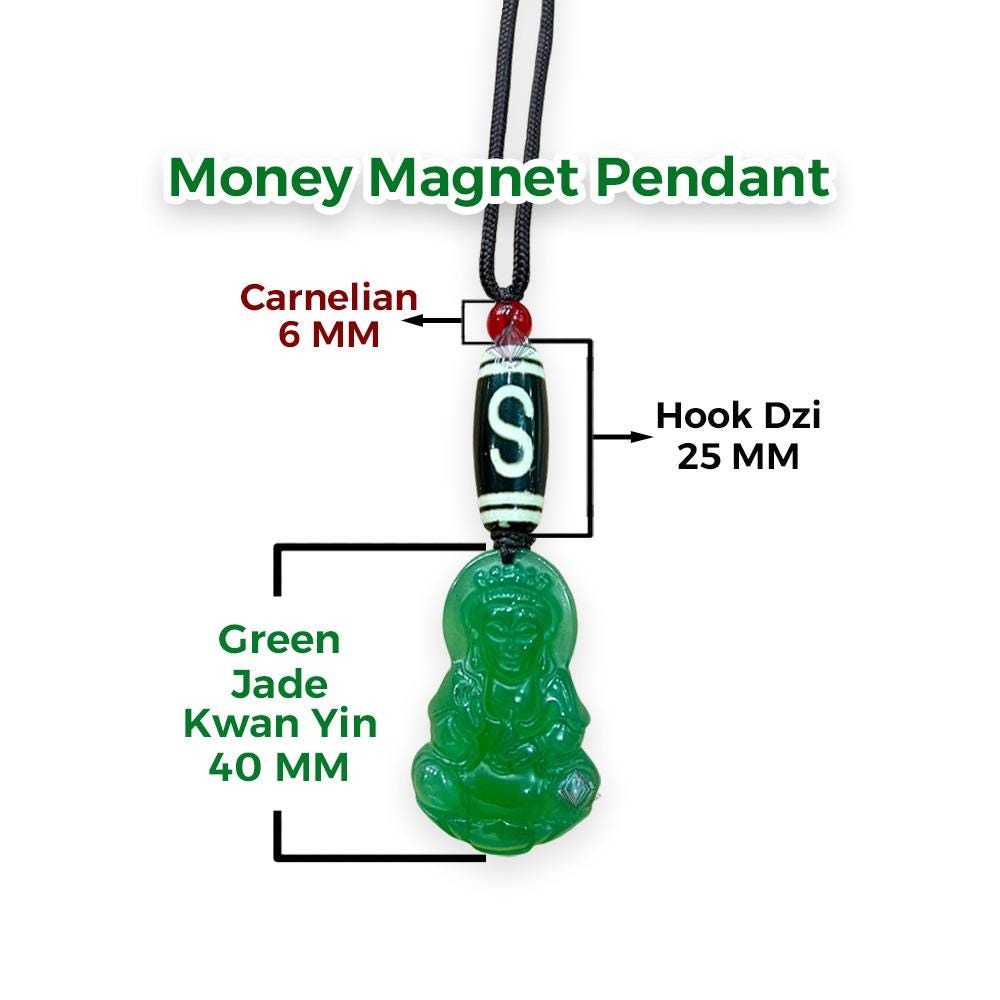 Money Magnet Stone Pendant Green Jade Kwan Yin With Tibetan Hook Dzi and Carnelian Stone Pendant Necklace