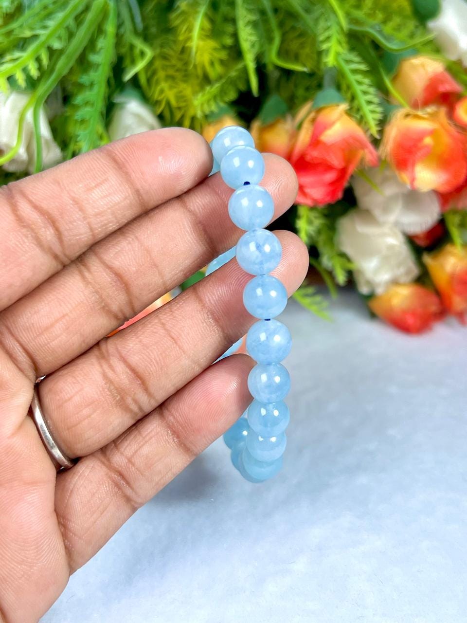 Aquamarine Stone Bracelet l Stretchable Bracelet l Unisex Bracelet l 8 MM Bracelet