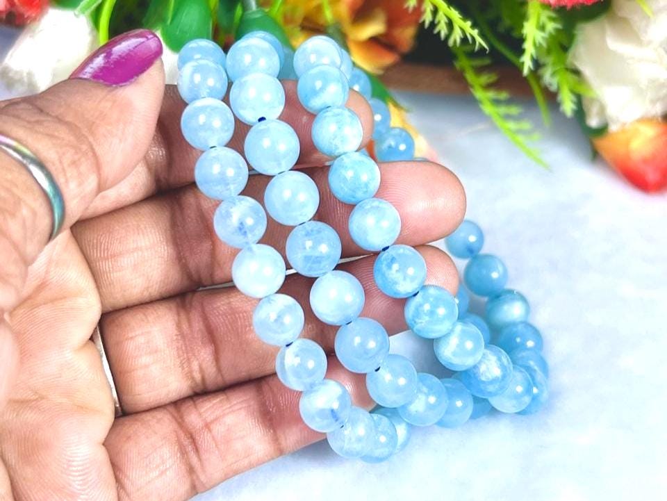 Aquamarine Stone Bracelet l Stretchable Bracelet l Unisex Bracelet l 8 MM Bracelet