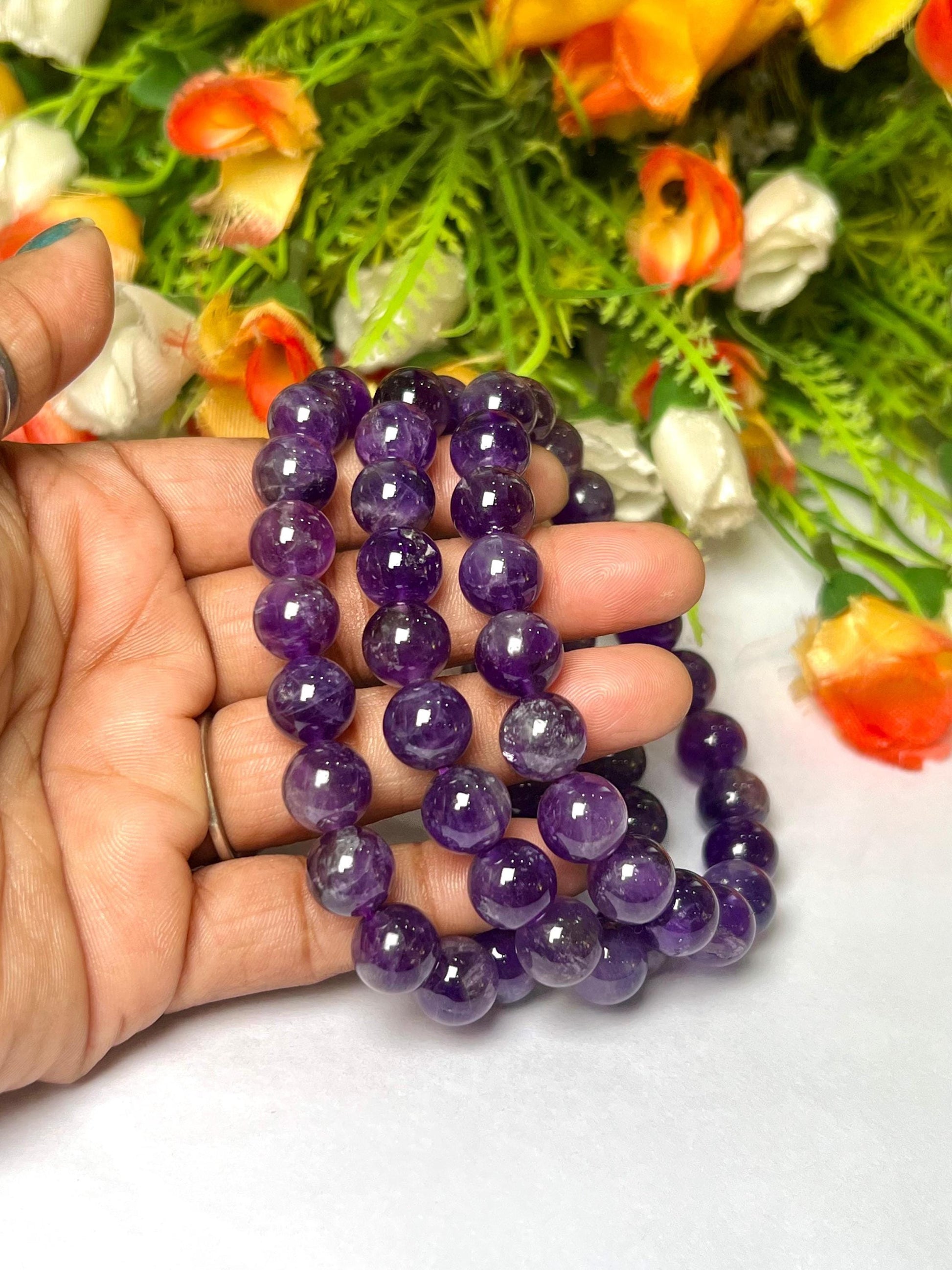 10 MM Amethyst Stone Bracelet l Stretchable Bracelet l Unisex Bracelet