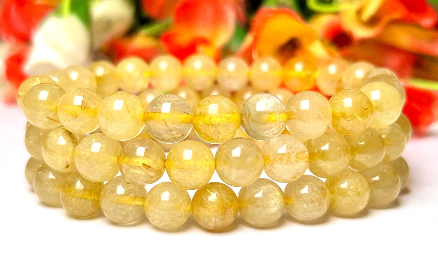Golden Rutilated Quartz Stone Bracelet l Stretchable Bracelet l Unisex Bracelet l 8 MM Bracelet