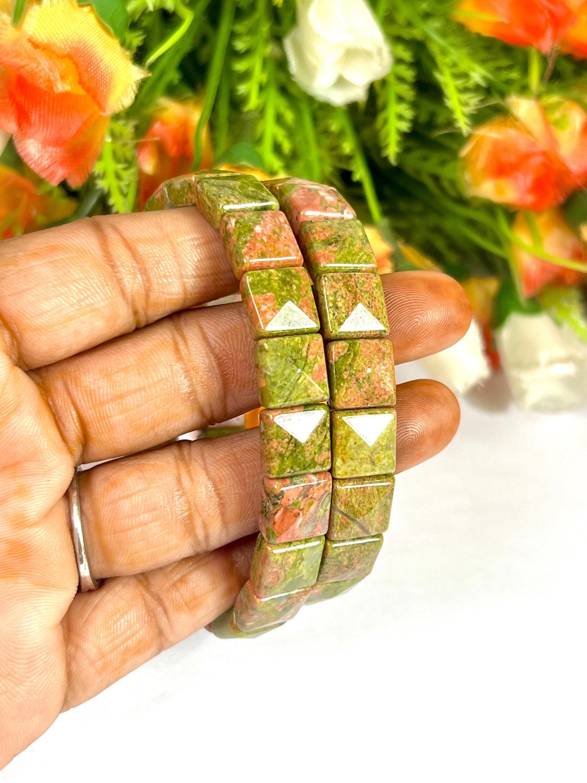 Unakite Jasper Stone Pyramid Shape 10 MM Bracelet