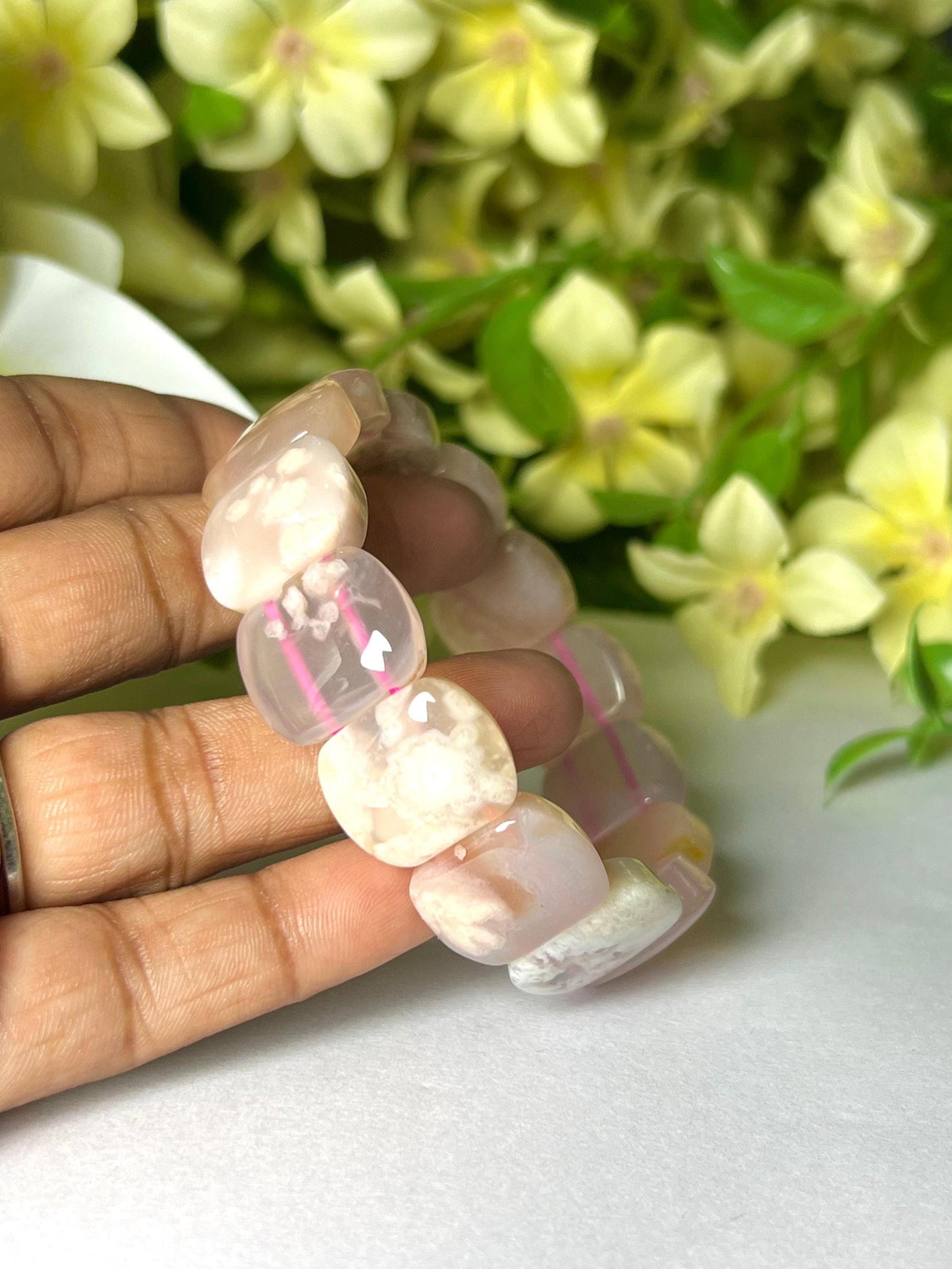 15 MM Pink Flower Agate Stone Bracelet l Stretchable Bracelet