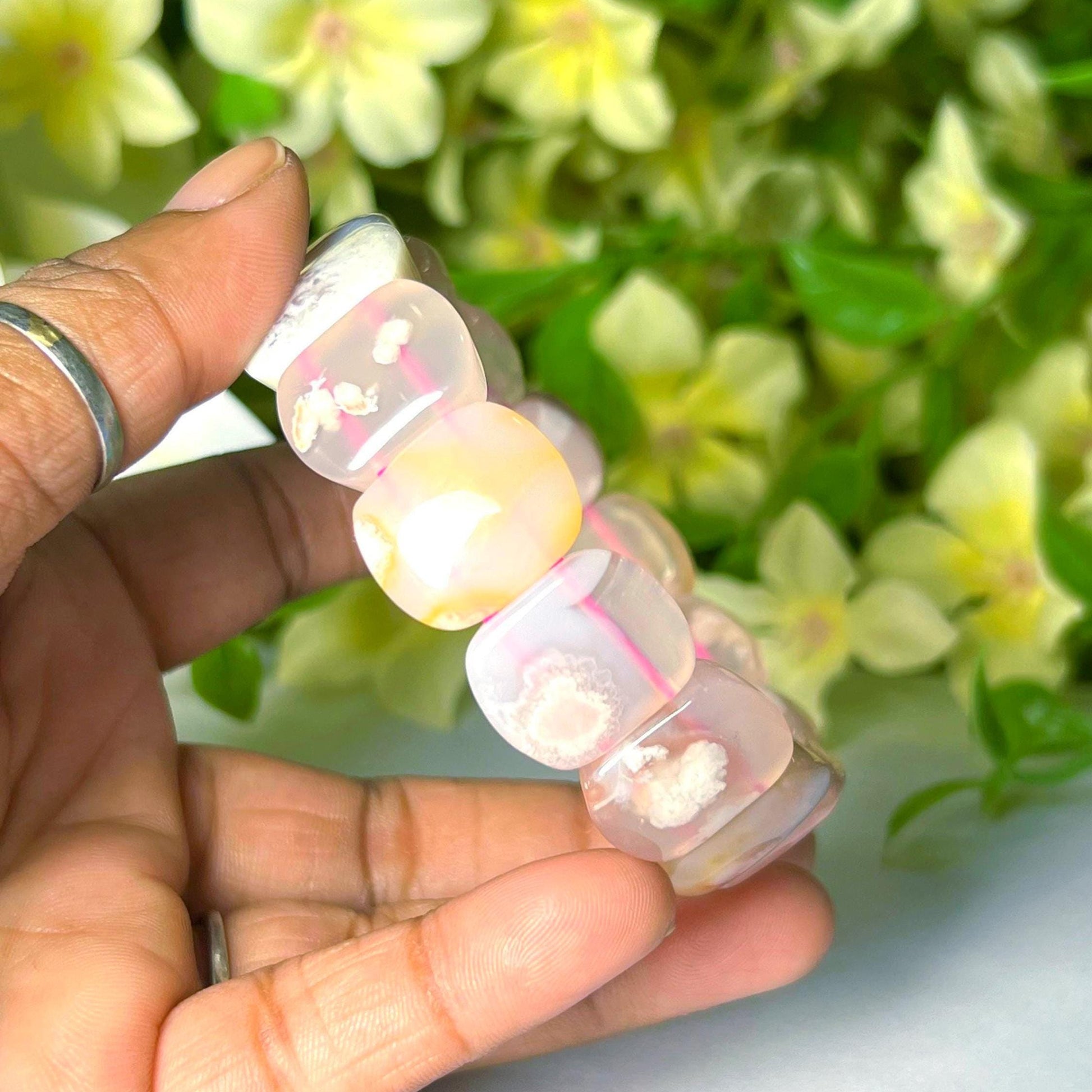 15 MM Pink Flower Agate Stone Bracelet l Stretchable Bracelet