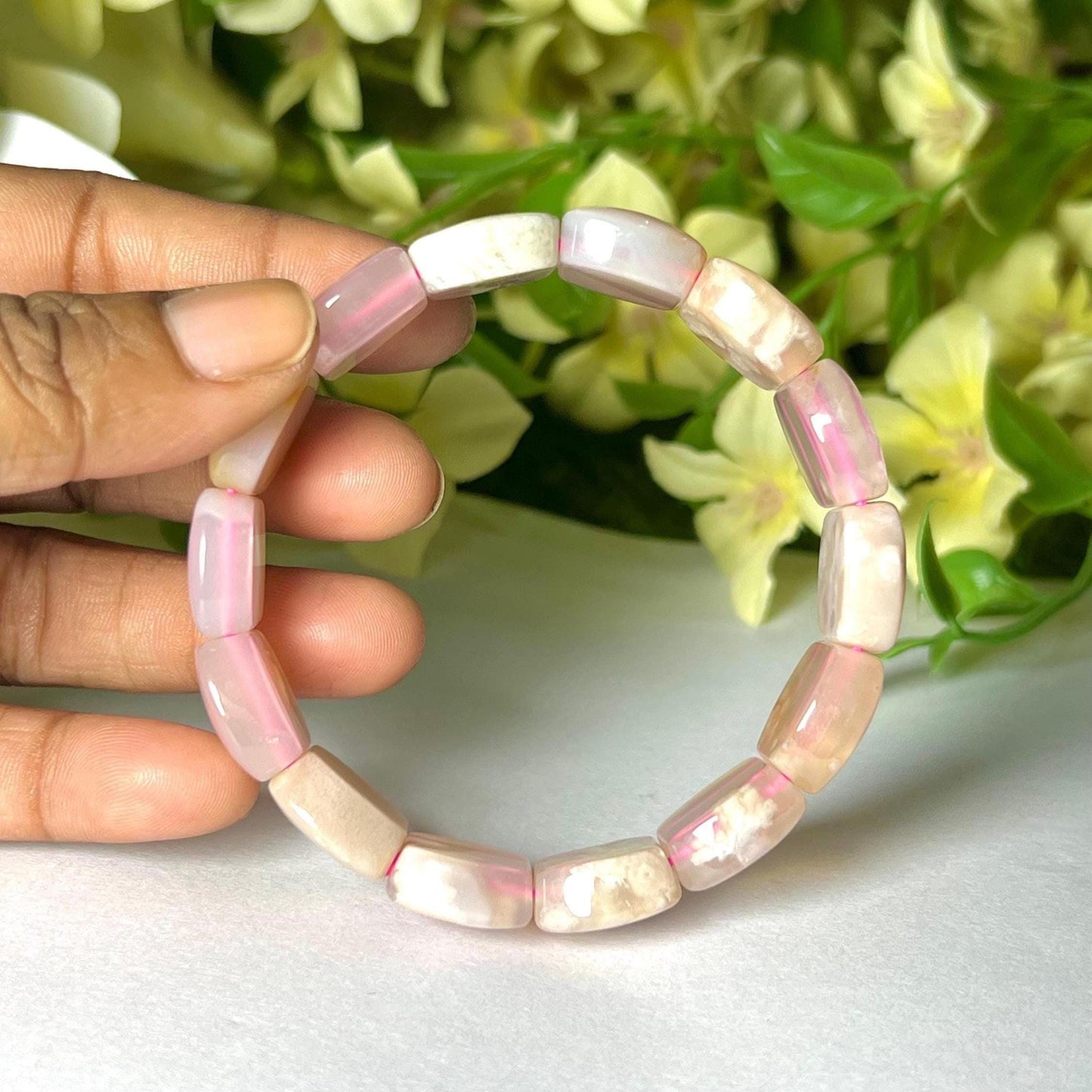 15 MM Pink Flower Agate Stone Bracelet l Stretchable Bracelet