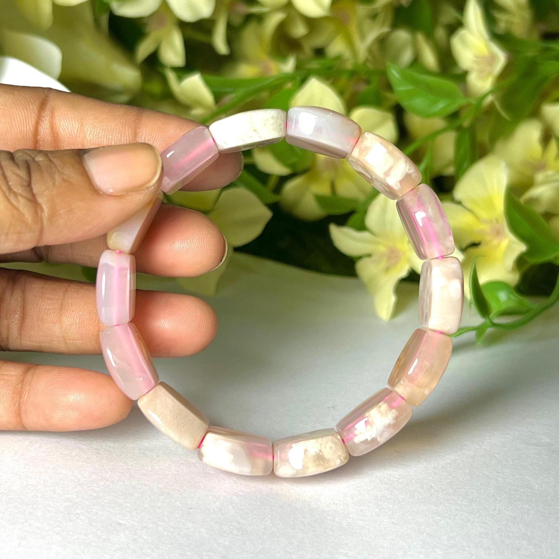 15 MM Pink Flower Agate Stone Bracelet l Stretchable Bracelet
