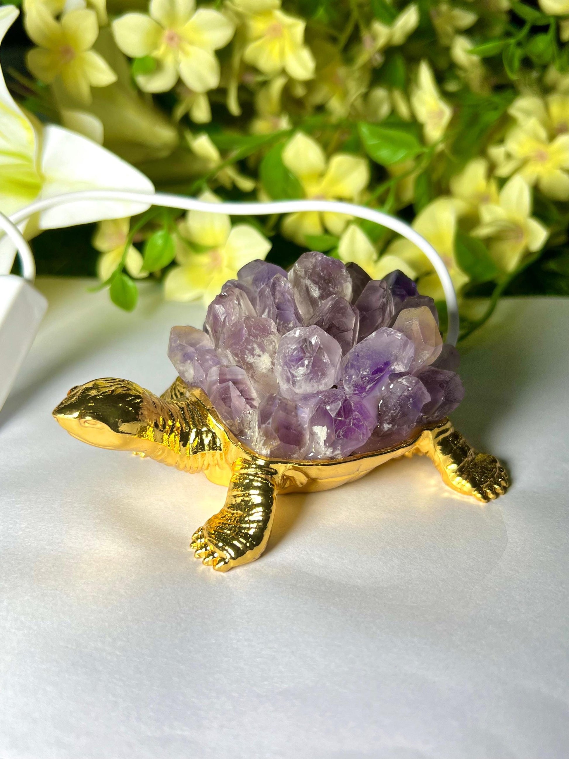 Amethyst Natural Crystal Quartz Cluster Turtle USB Night Light–Energizing Lamp for Abundance,Ambiance, Home & Office Décor,Housewarming Gift