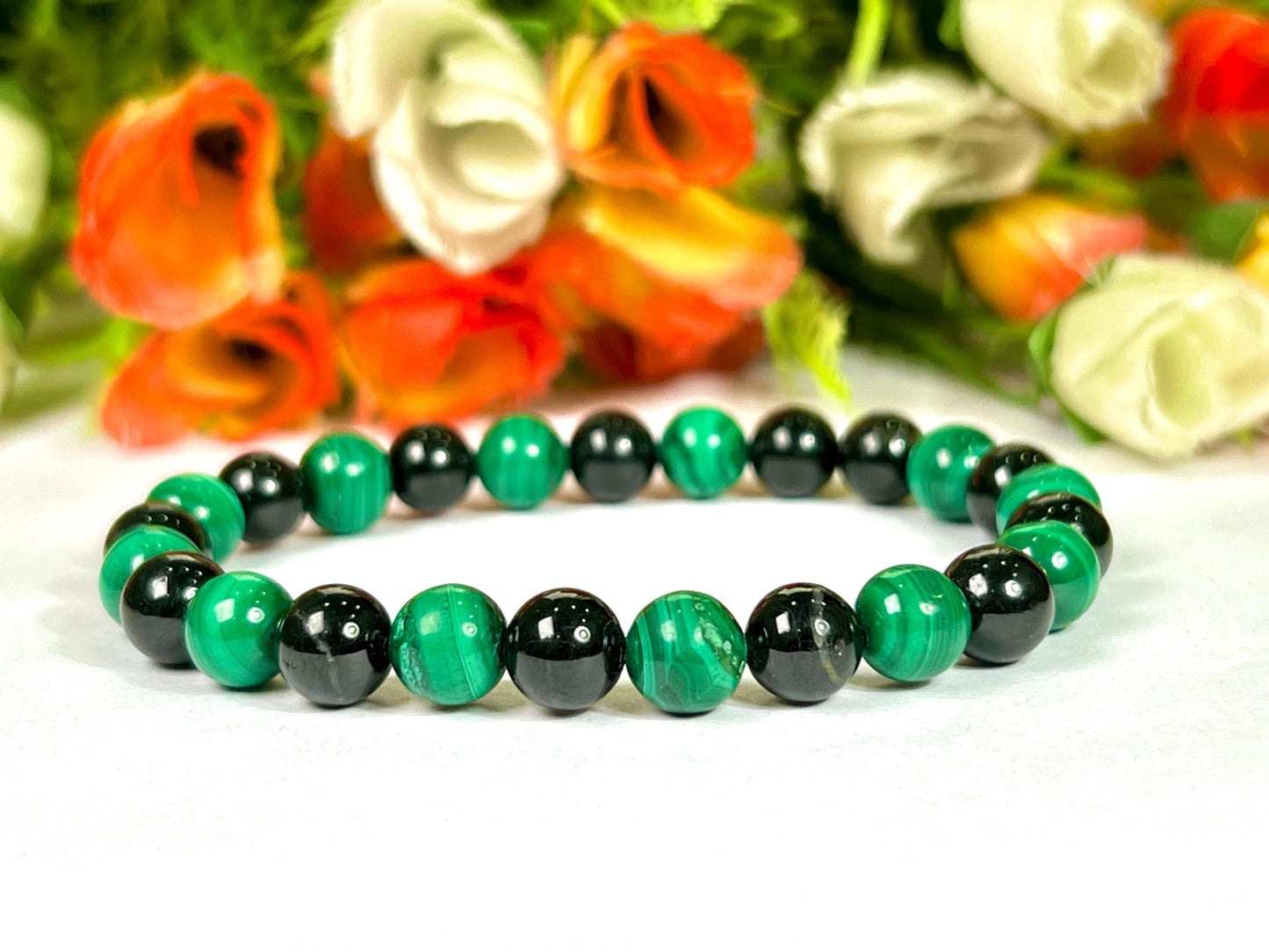Malachite and Black Tourmaline Stone Bracelet l Stretchable Bracelet l Unisex Bracelet l 8 MM Bracelet