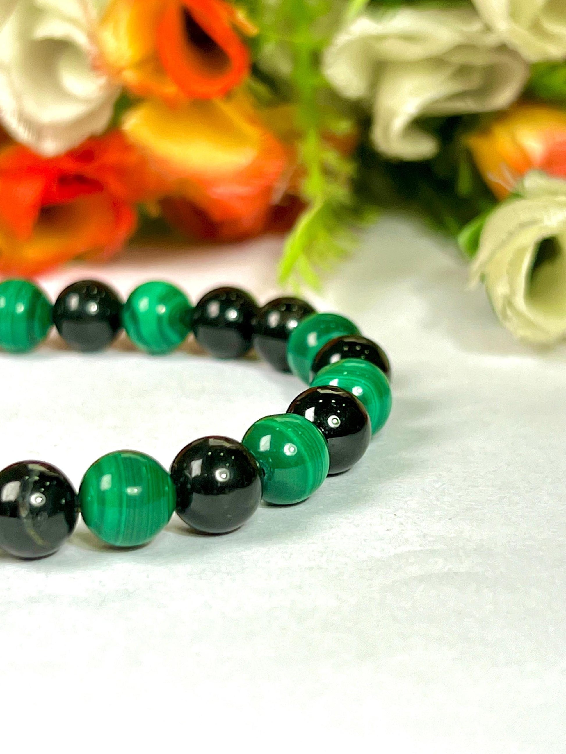 Malachite and Black Tourmaline Stone Bracelet l Stretchable Bracelet l Unisex Bracelet l 8 MM Bracelet