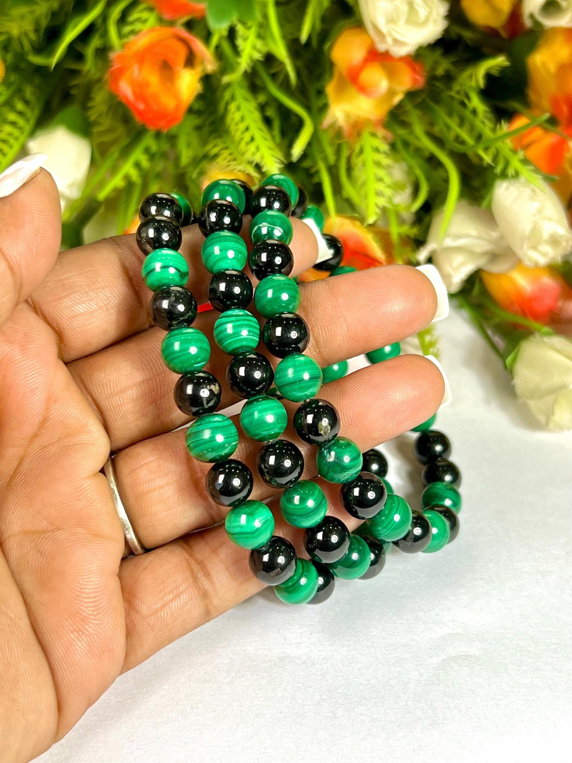 Malachite and Black Tourmaline Stone Bracelet l Stretchable Bracelet l Unisex Bracelet l 8 MM Bracelet