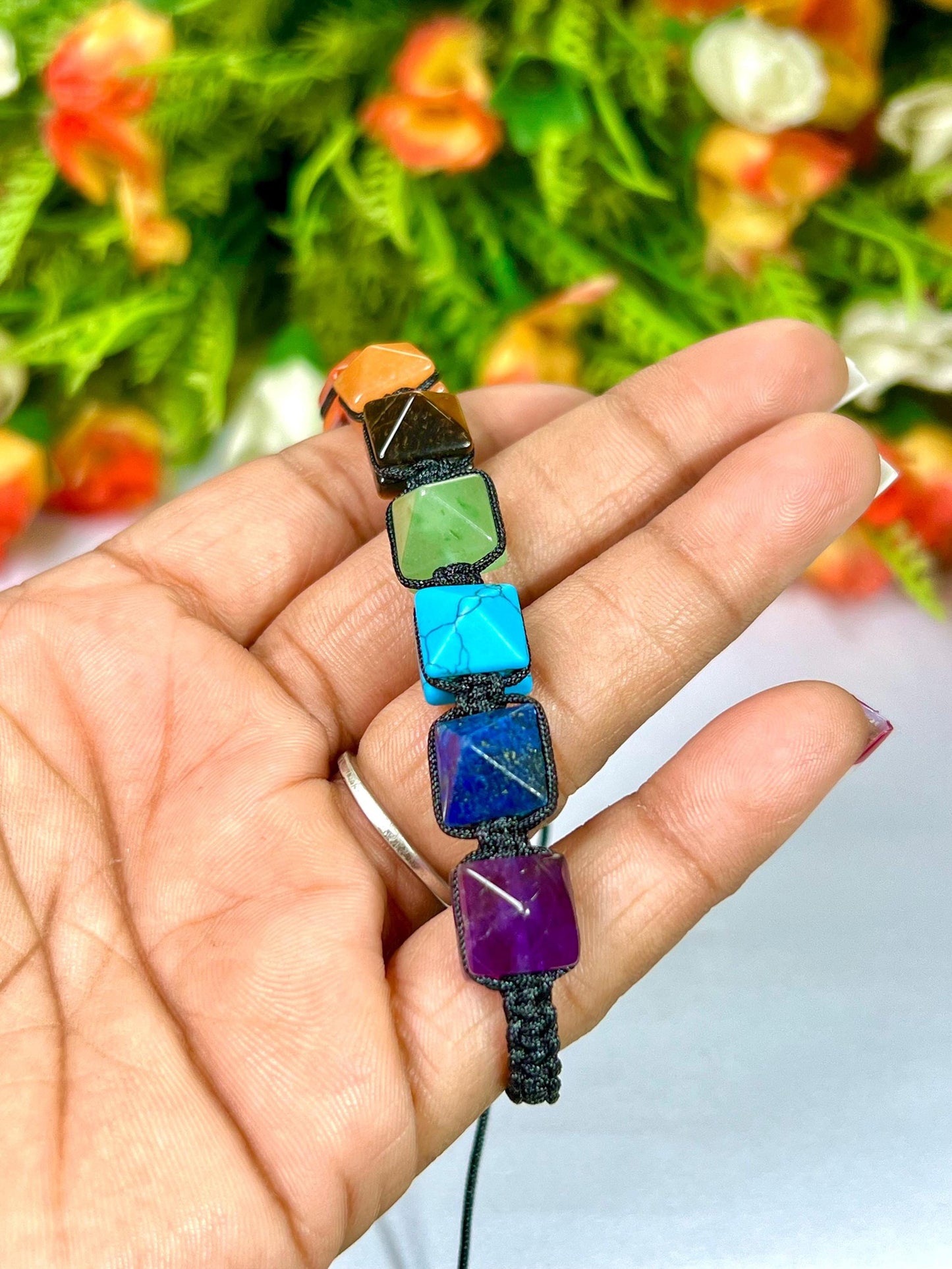 7 Seven Chakra Stone Pyramid Shape Stone Bracelet l 10 MM Adjustable Bracelet