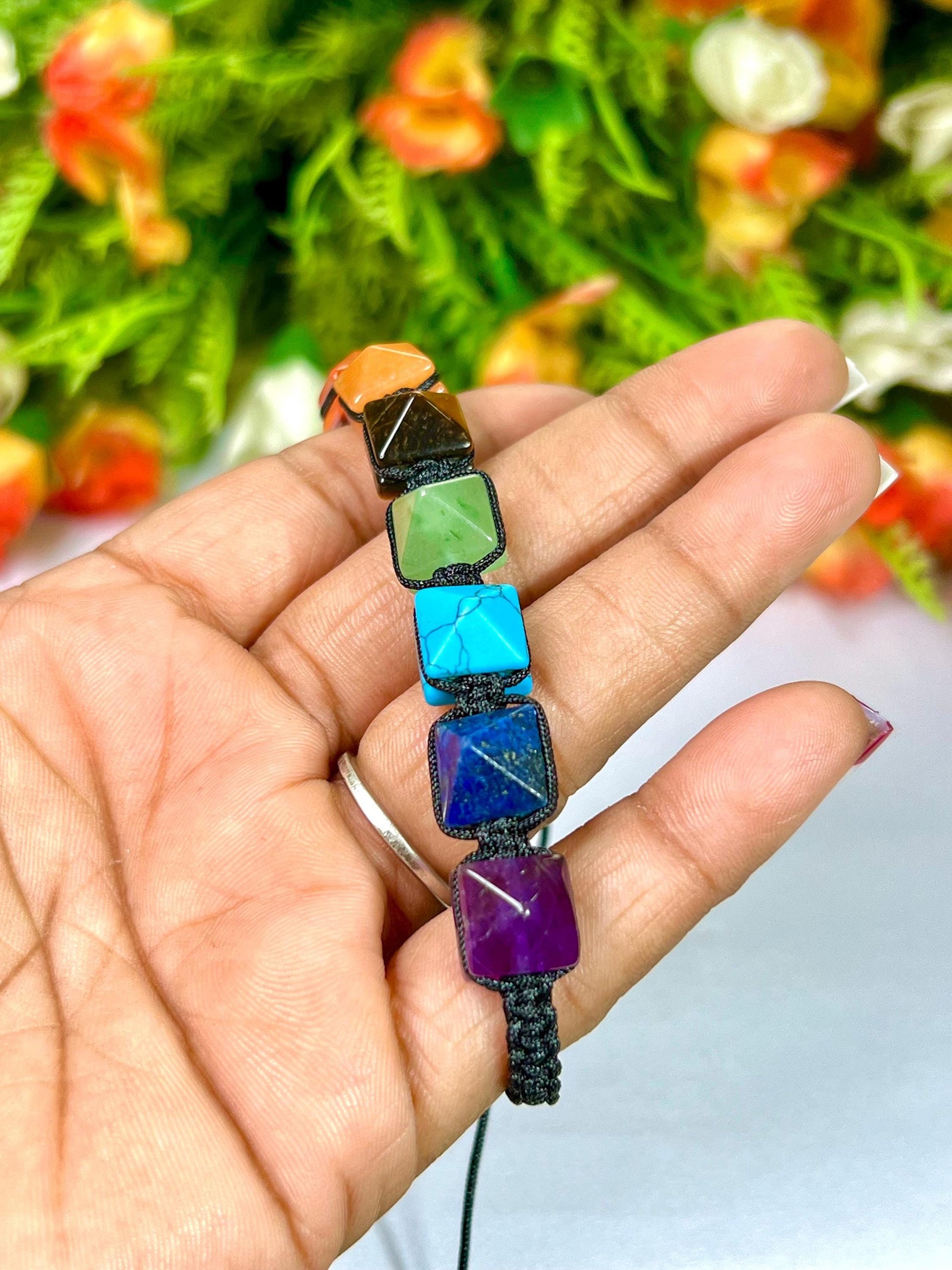 7 Seven Chakra Stone Pyramid Shape Stone Bracelet l 10 MM Adjustable Bracelet