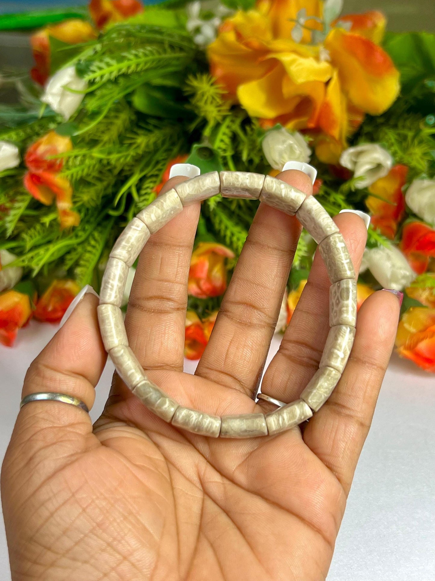 15 MM Fossil Coral Stone Bracelet l Stretchable Bracelet