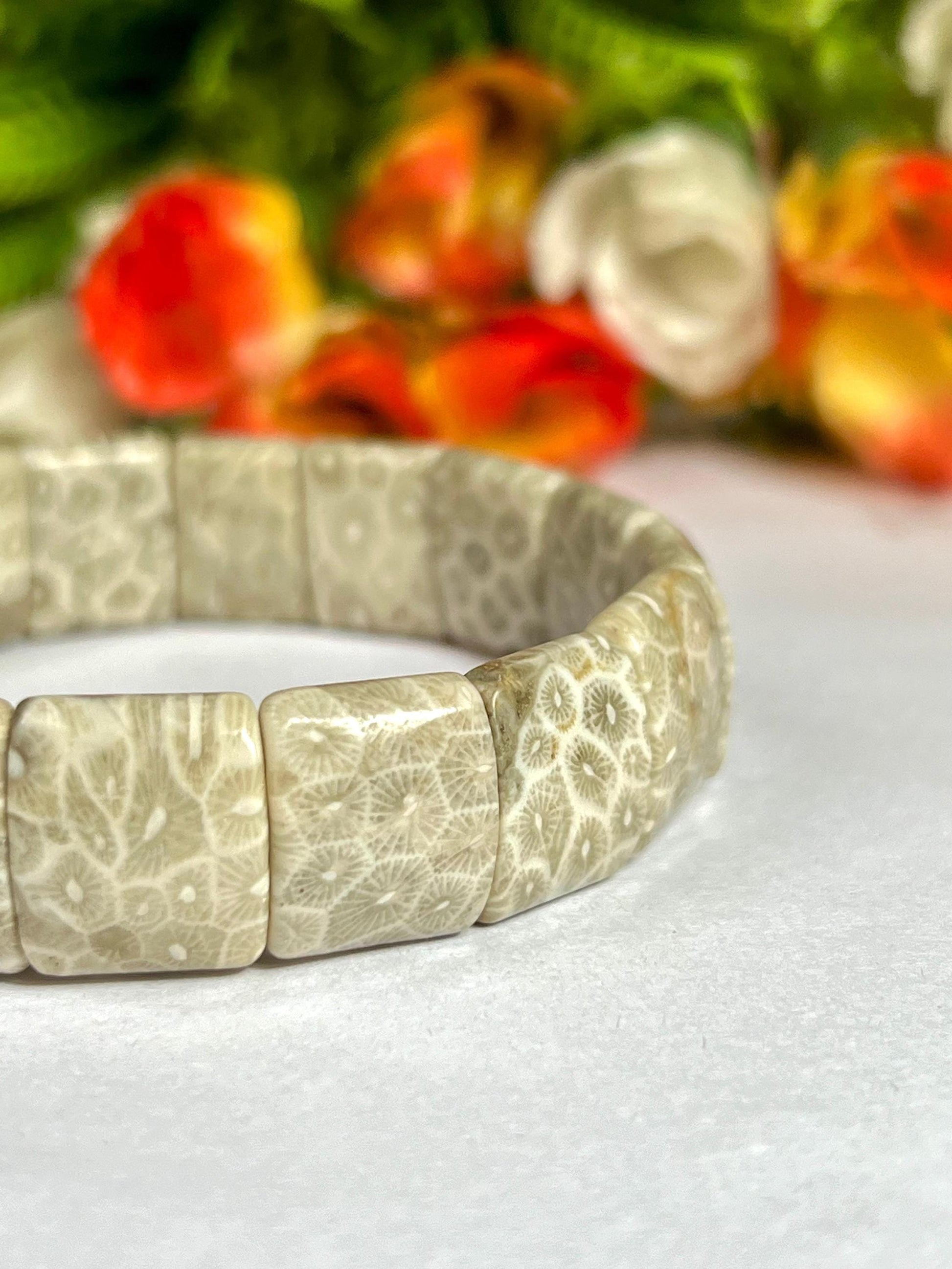 15 MM Fossil Coral Stone Bracelet l Stretchable Bracelet