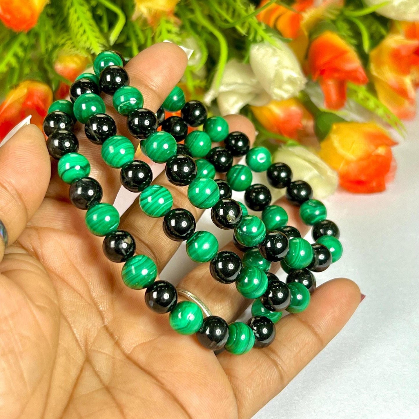 Malachite and Black Tourmaline Stone Bracelet l Stretchable Bracelet l Unisex Bracelet l 8 MM Bracelet