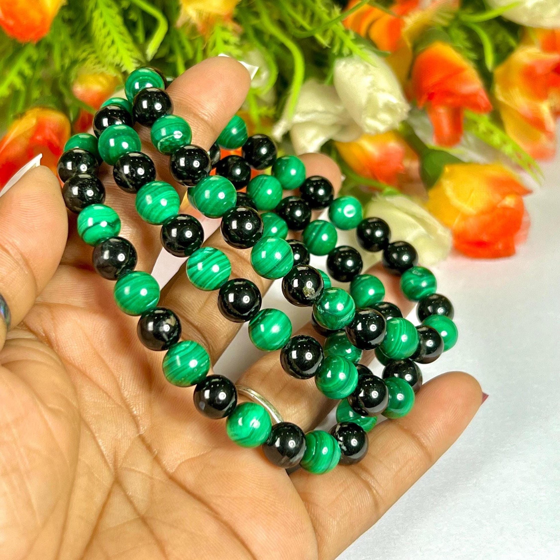 Malachite and Black Tourmaline Stone Bracelet l Stretchable Bracelet l Unisex Bracelet l 8 MM Bracelet