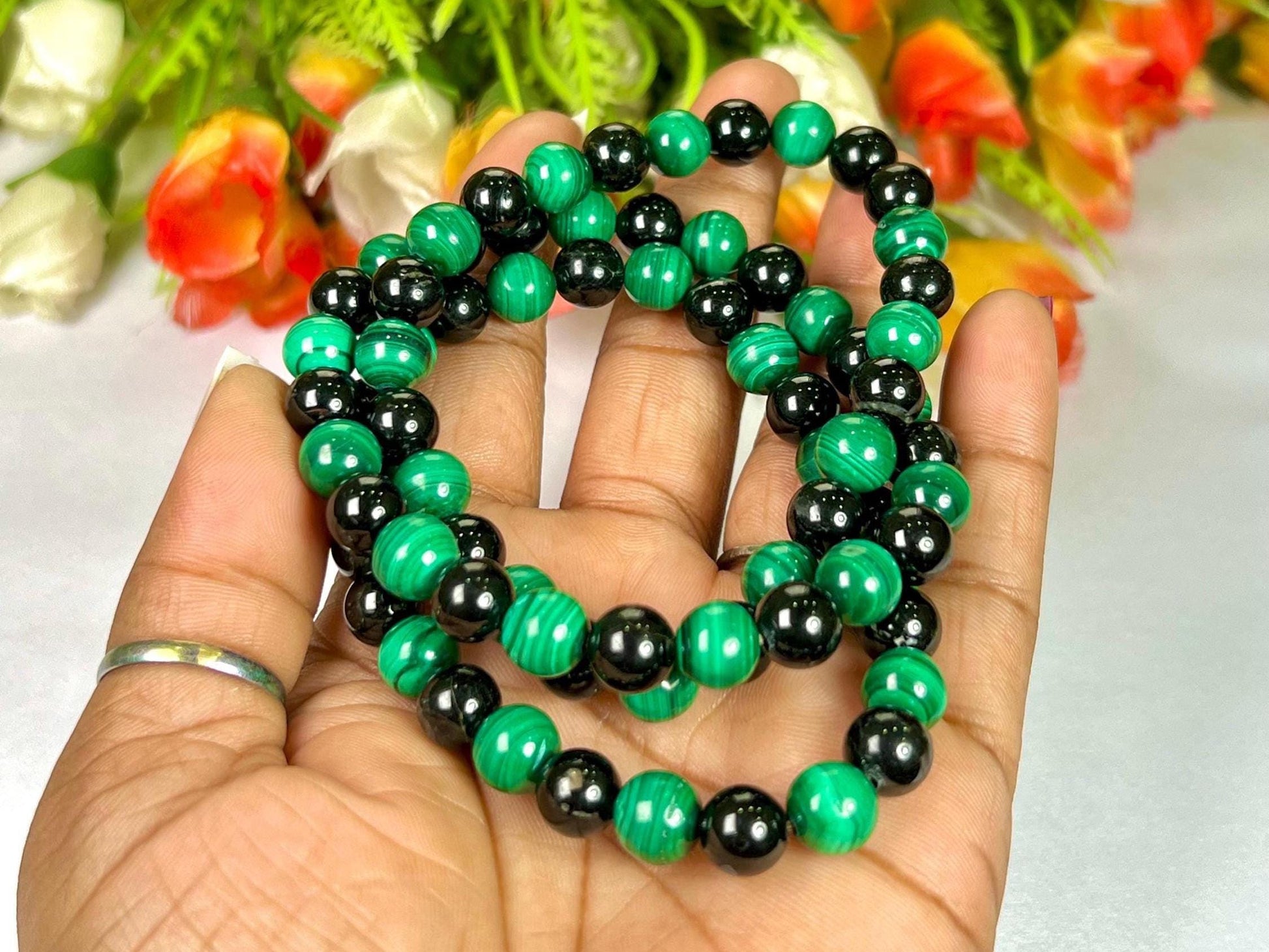 Malachite and Black Tourmaline Stone Bracelet l Stretchable Bracelet l Unisex Bracelet l 8 MM Bracelet