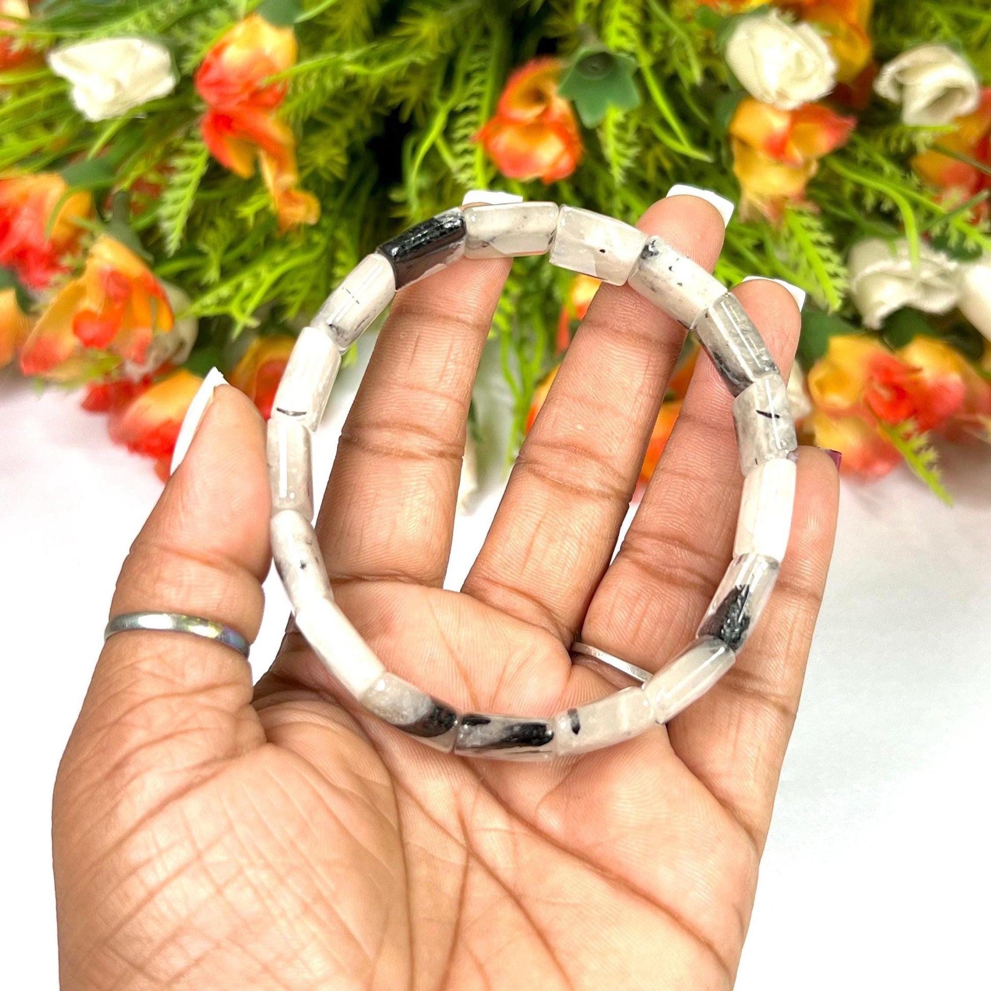 15 MM Tourmalated Quartz Stone Bracelet l Stretchable Bracelet