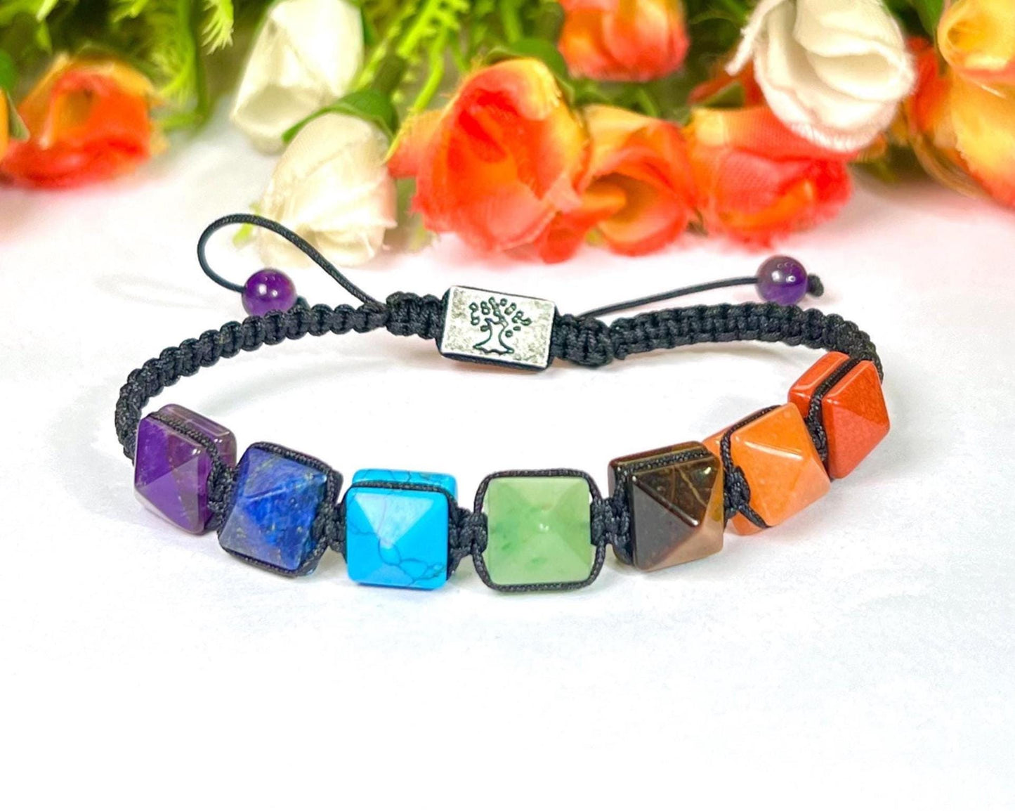 7 Seven Chakra Stone Pyramid Shape Stone Bracelet l 10 MM Adjustable Bracelet