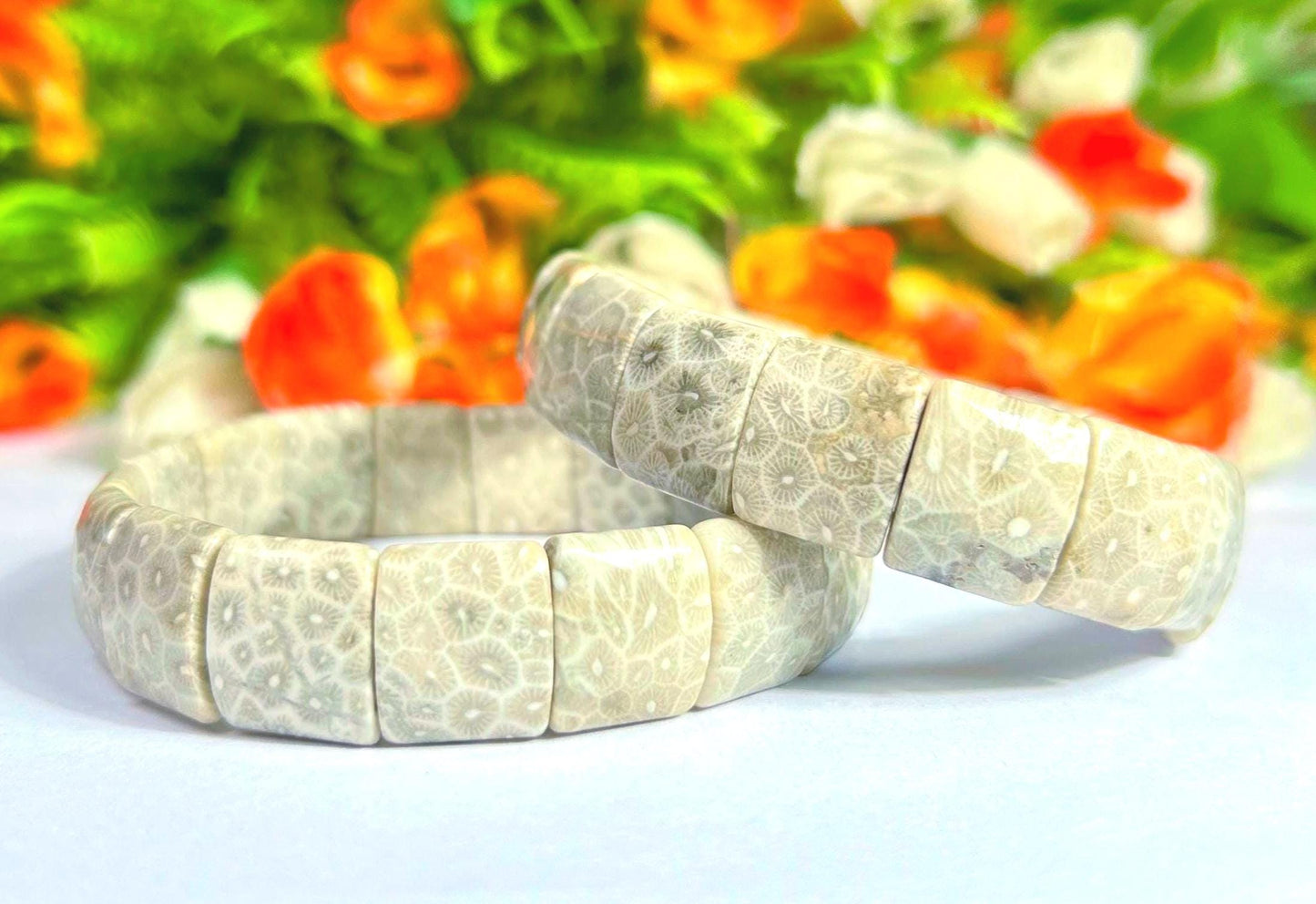 15 MM Fossil Coral Stone Bracelet l Stretchable Bracelet