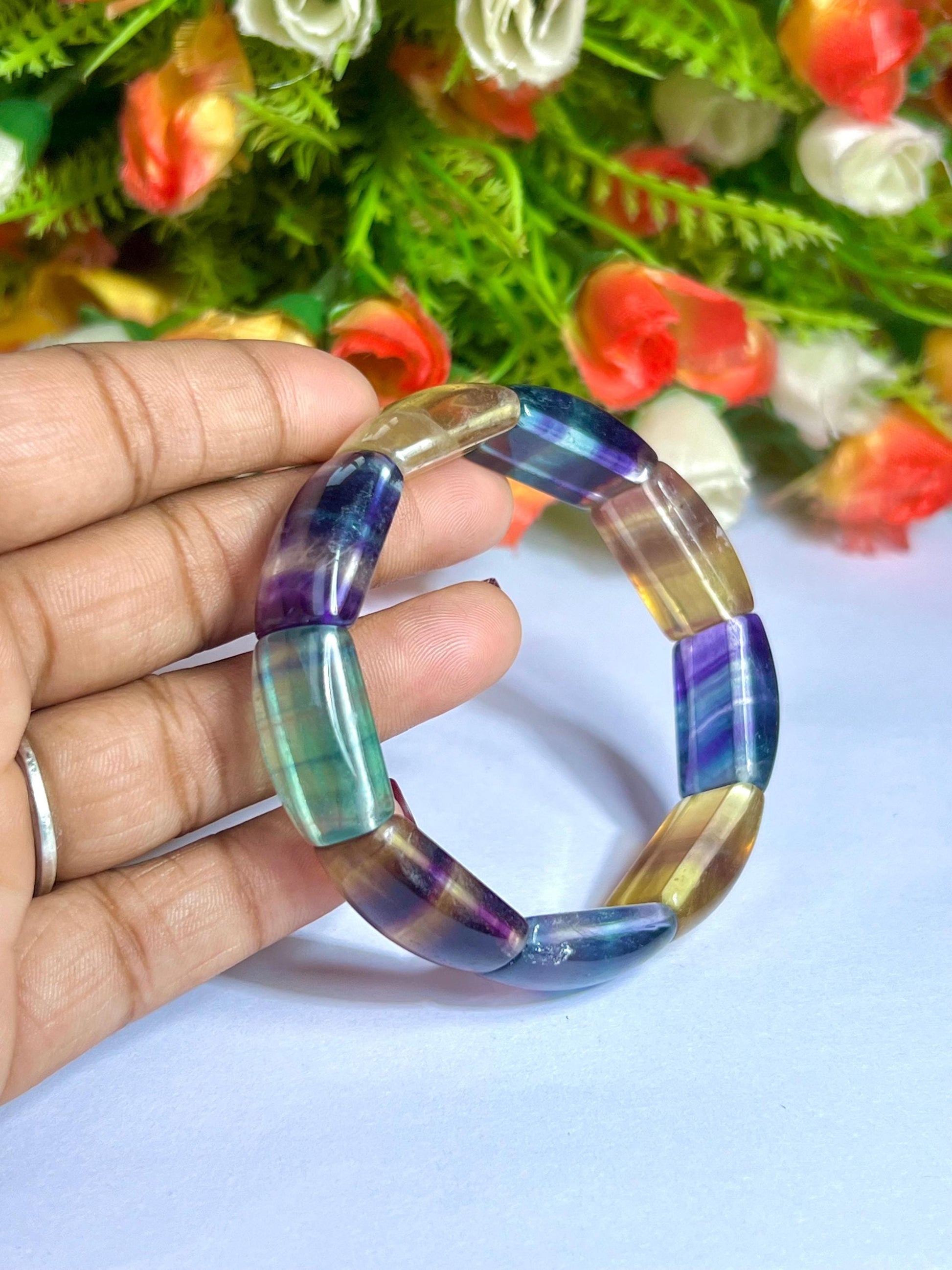 15 MM Rainbow Multi Fluorite Stone Bracelet l Stretchable Bracelet