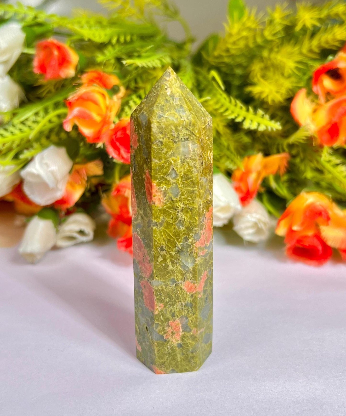 Unakite Stone Crystal Tower Pencil Point Generator - Gemstone Pencil Crystal Tower Wand Stone Obelisk - Home Car Decor Decoration 3" To 4"