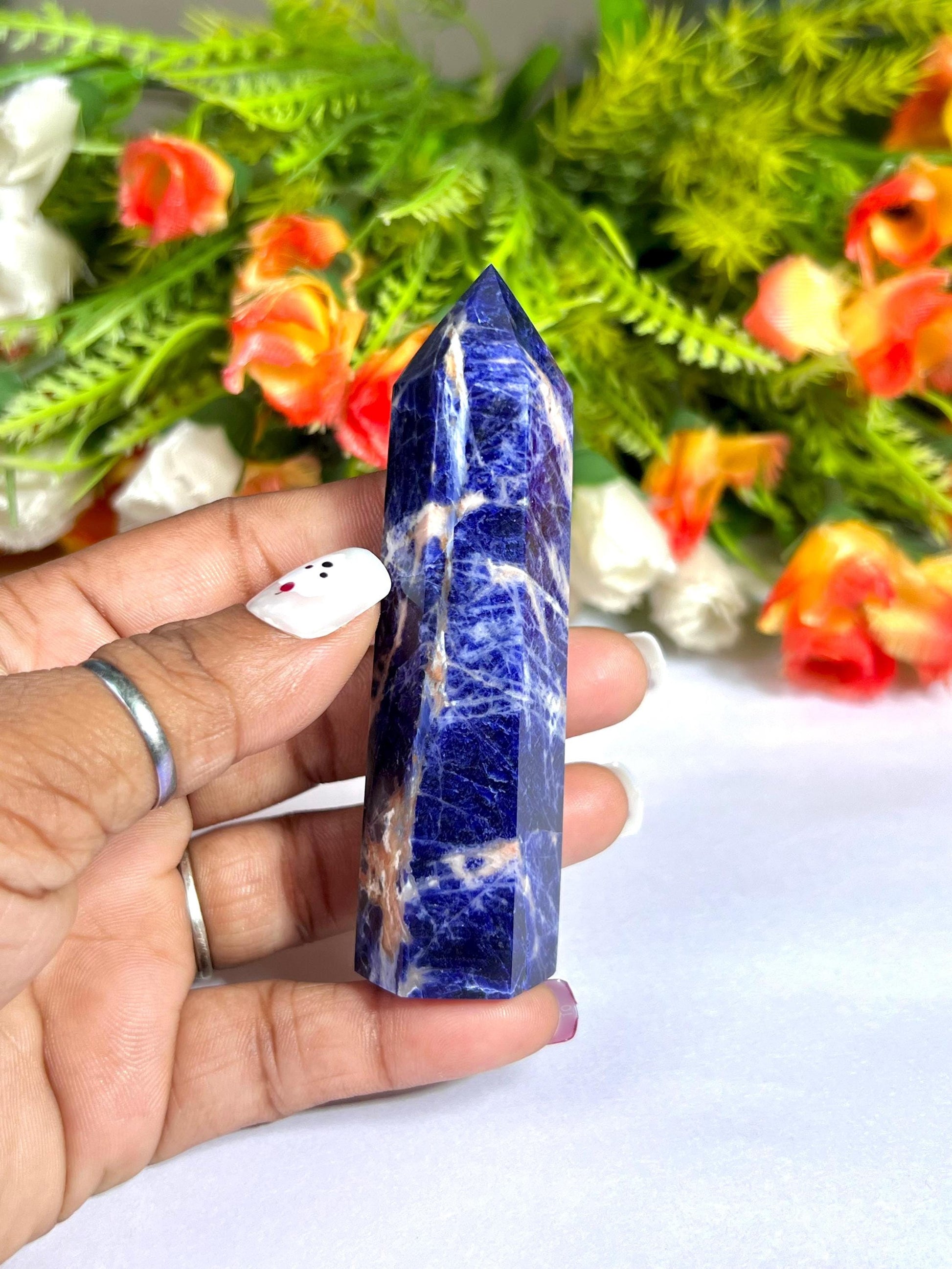 Sodalite Stone Crystal Tower Pencil Point Generator - Gemstone Pencil Crystal Tower Wand Stone Obelisk - Home Car Decor Decoration 3" To 4"