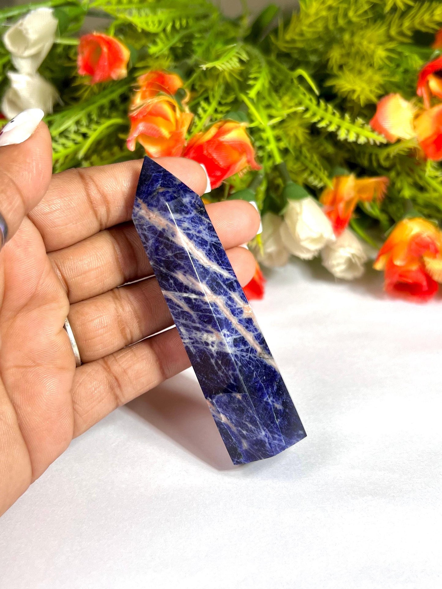Sodalite Stone Crystal Tower Pencil Point Generator - Gemstone Pencil Crystal Tower Wand Stone Obelisk - Home Car Decor Decoration 3" To 4"