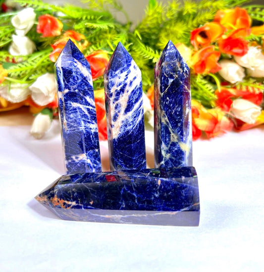 Sodalite Stone Crystal Tower Pencil Point Generator - Gemstone Pencil Crystal Tower Wand Stone Obelisk - Home Car Decor Decoration 3" To 4"
