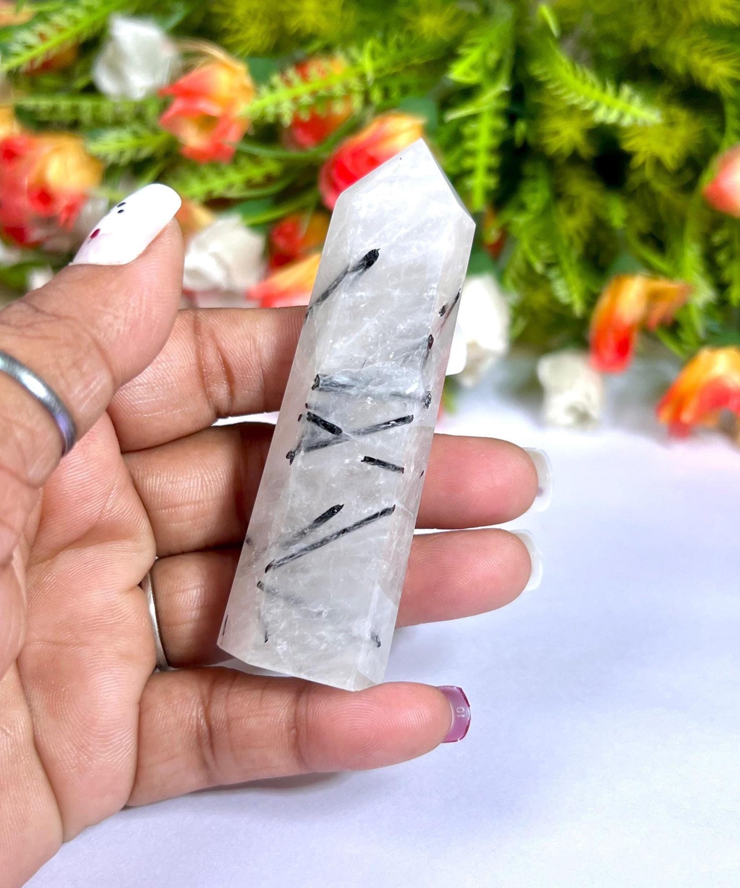 Tourmalated Quartz Stone Tower Pencil Point Generator-Gemstone Pencil Crystal Tower Wand Stone Obelisk -Home Car Decor Decoration 3" To 4"